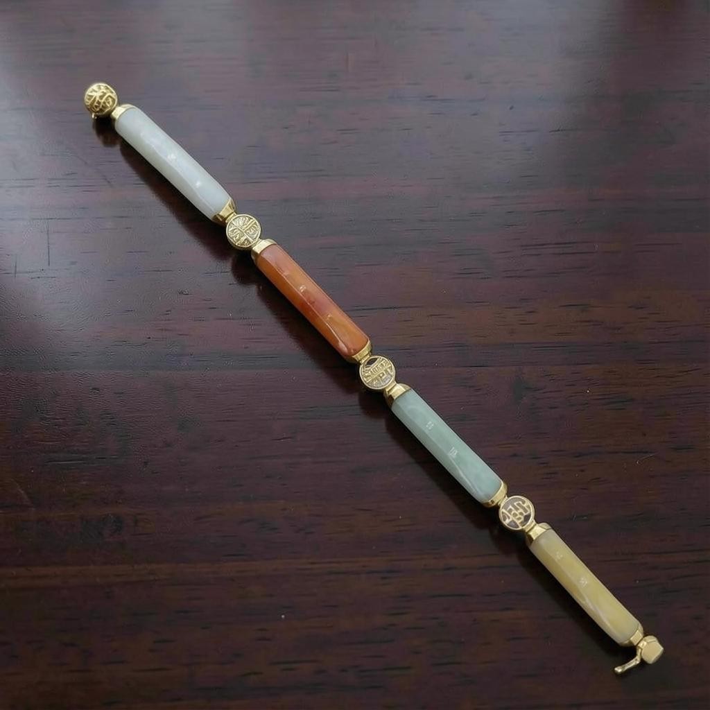 Multi Color Jade Bracelet Mid‑Century 14k Gold