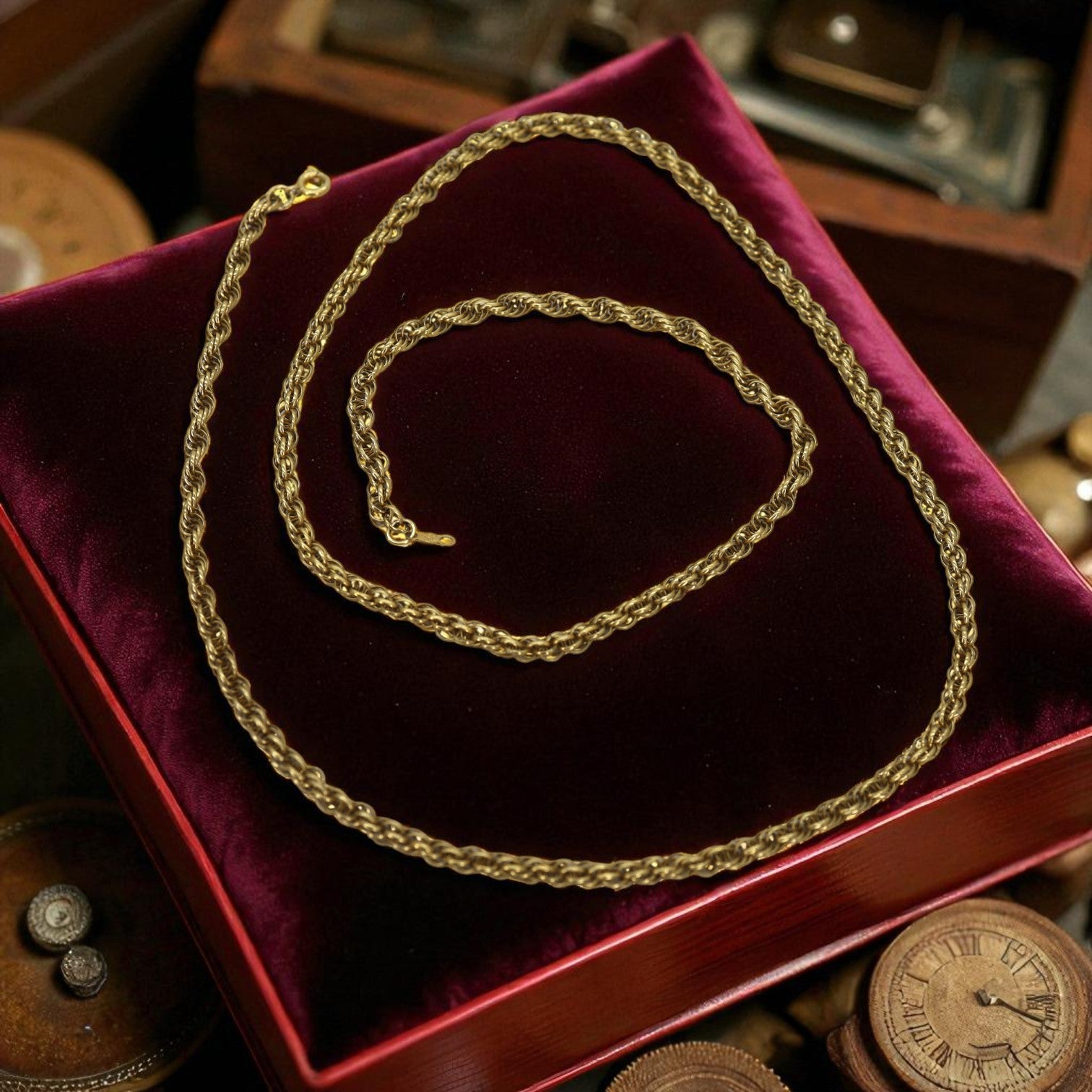 Vintage 27-inch gold-filled rope chain, showcasing intricate twisted design, crafted by The Vintage Vault.