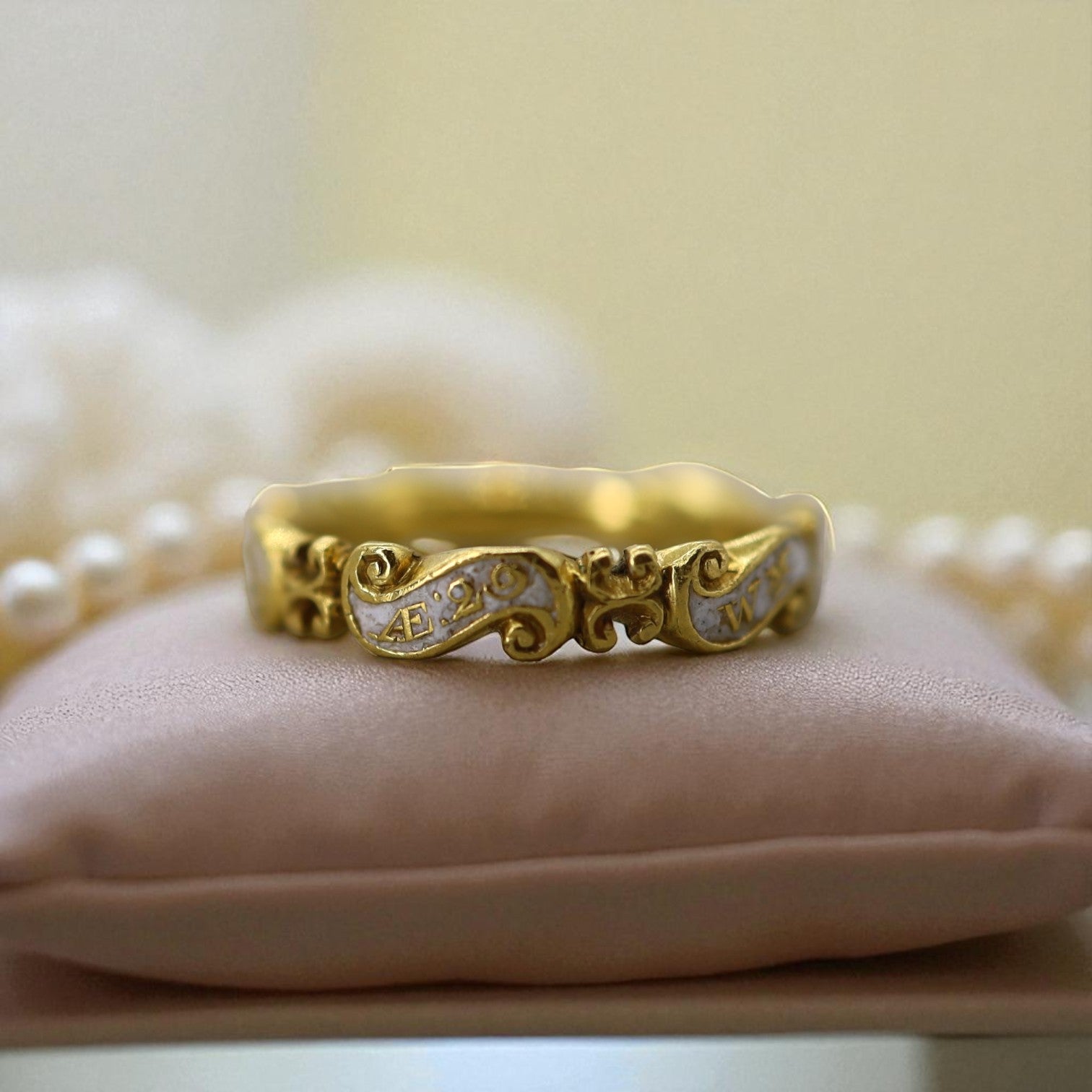 White enamel Georgian mourning ring from 1741 with memento mori design, band style, vintage Victorian-era jewelry.
