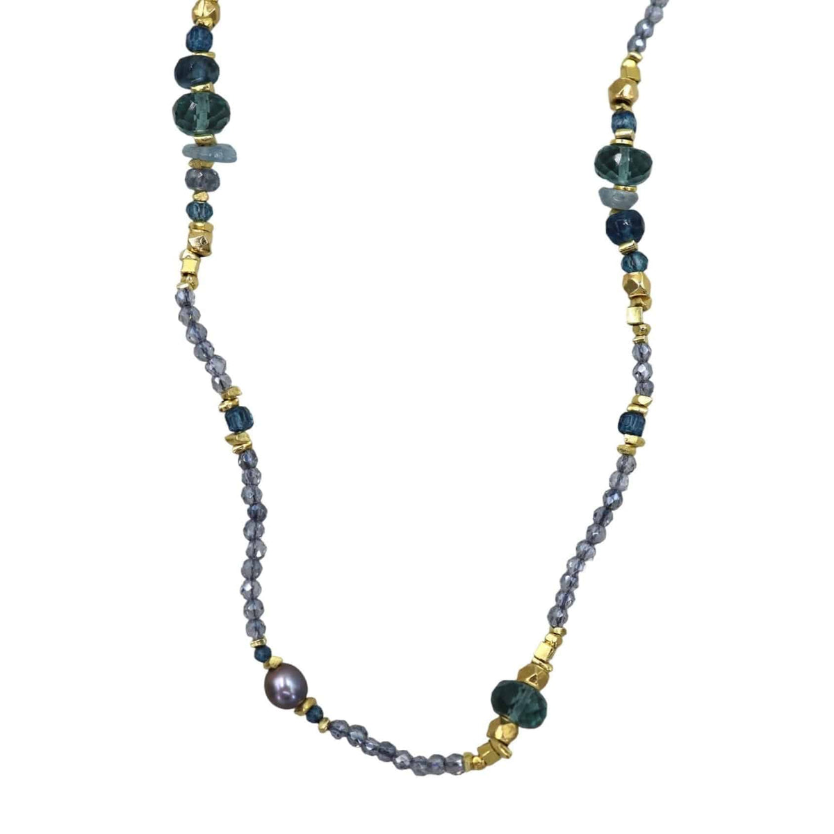 Aegean Necklace with Aquamarine, Kyanite, Pearl, Apetite, Blue Quartz Gold Filled 33" - Petra Star