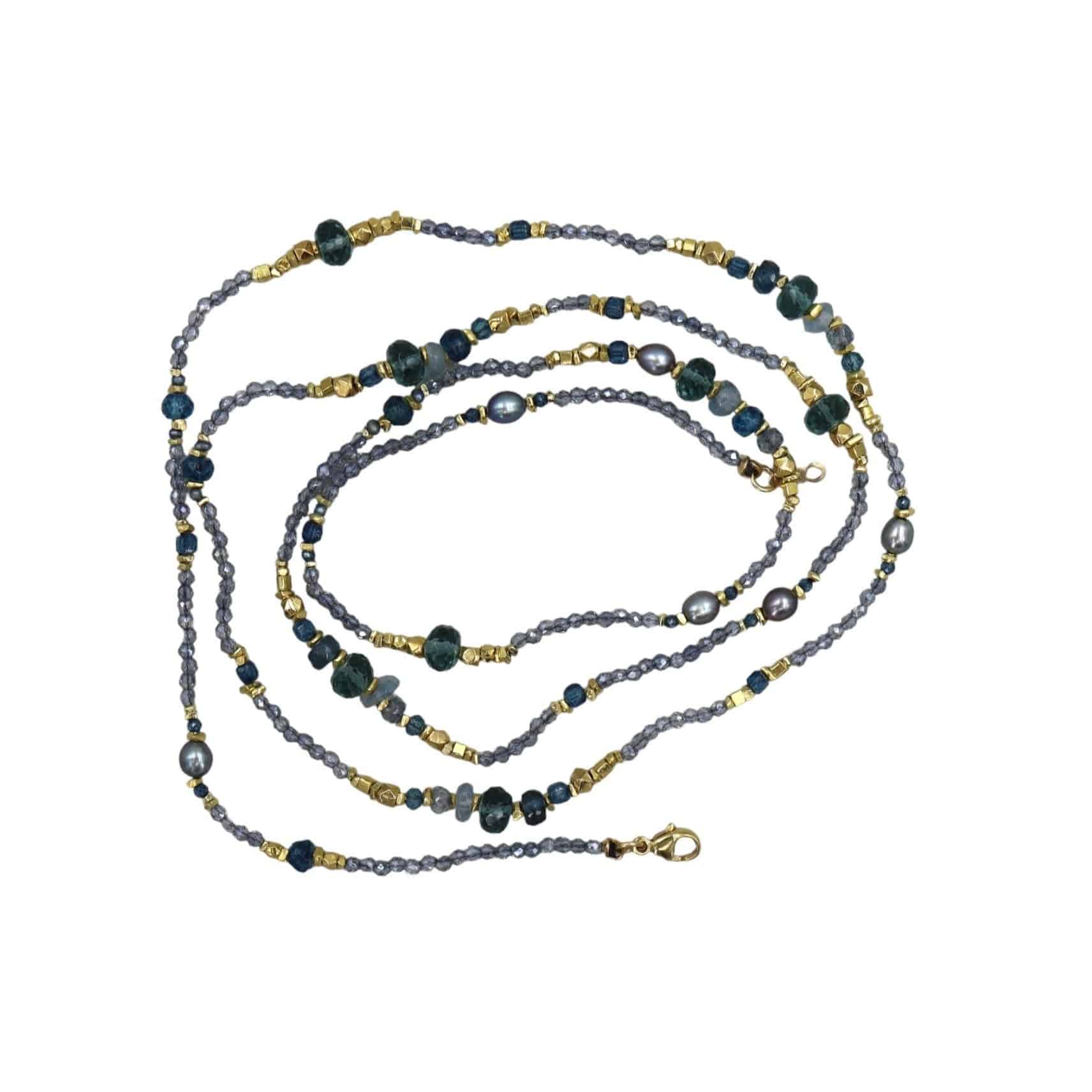 Aegean Necklace with Aquamarine, Kyanite, Pearl, Apetite, Blue Quartz Gold Filled 33" - Petra Star