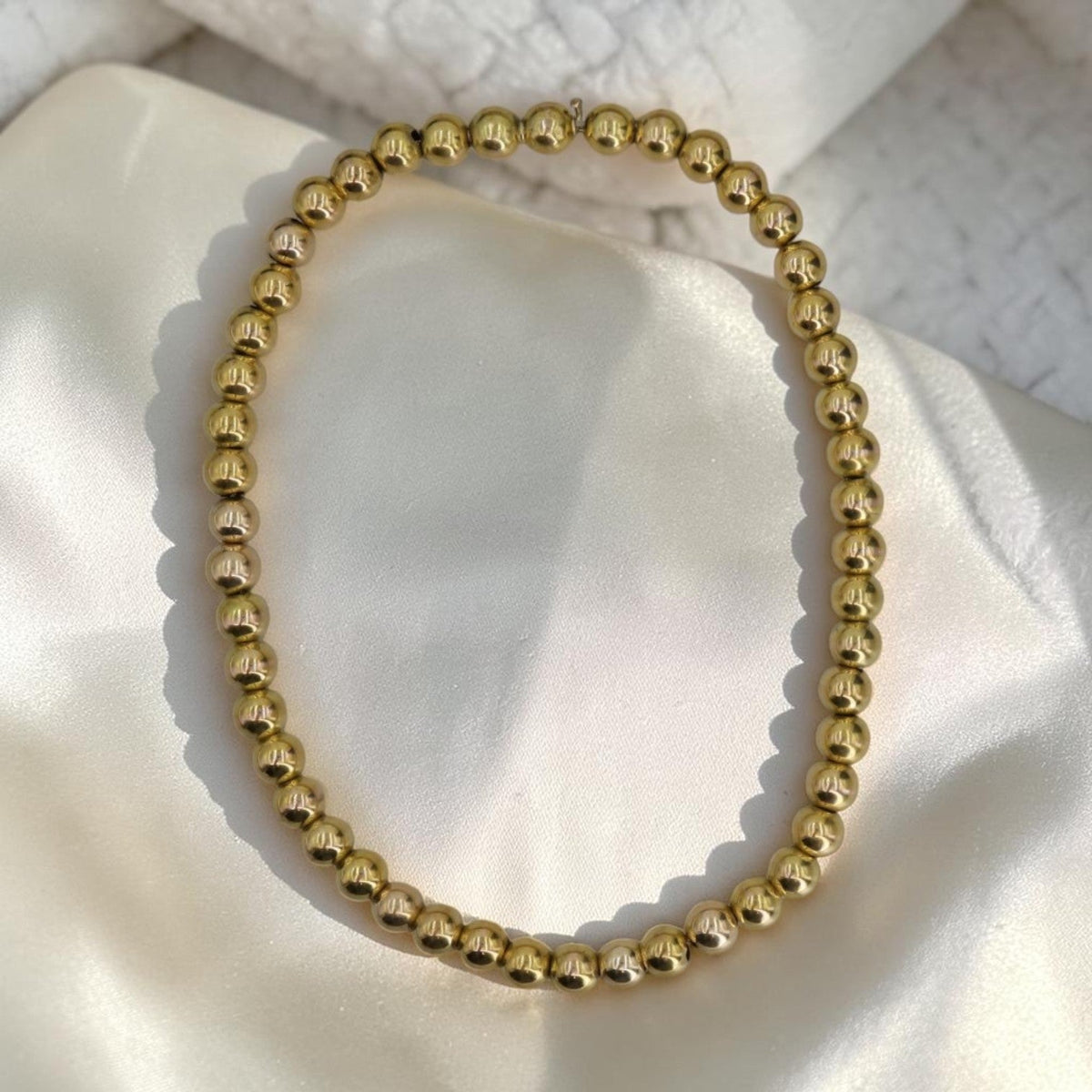 Antique 14k Gold Bead Necklace, 9.2mm Hollow Beads, Invisible Bead Clasp, 16.25", Antique Fine Jewelry - Petra StarNecklace