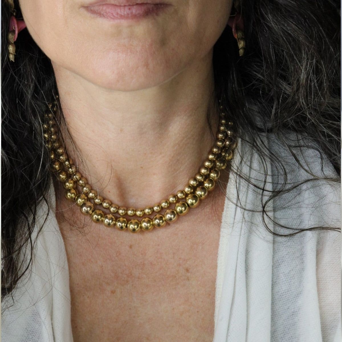 Antique 14k Gold Bead Necklace, 9.2mm Hollow Beads, Invisible Bead Clasp, 16.25", Antique Fine Jewelry - Petra StarNecklace