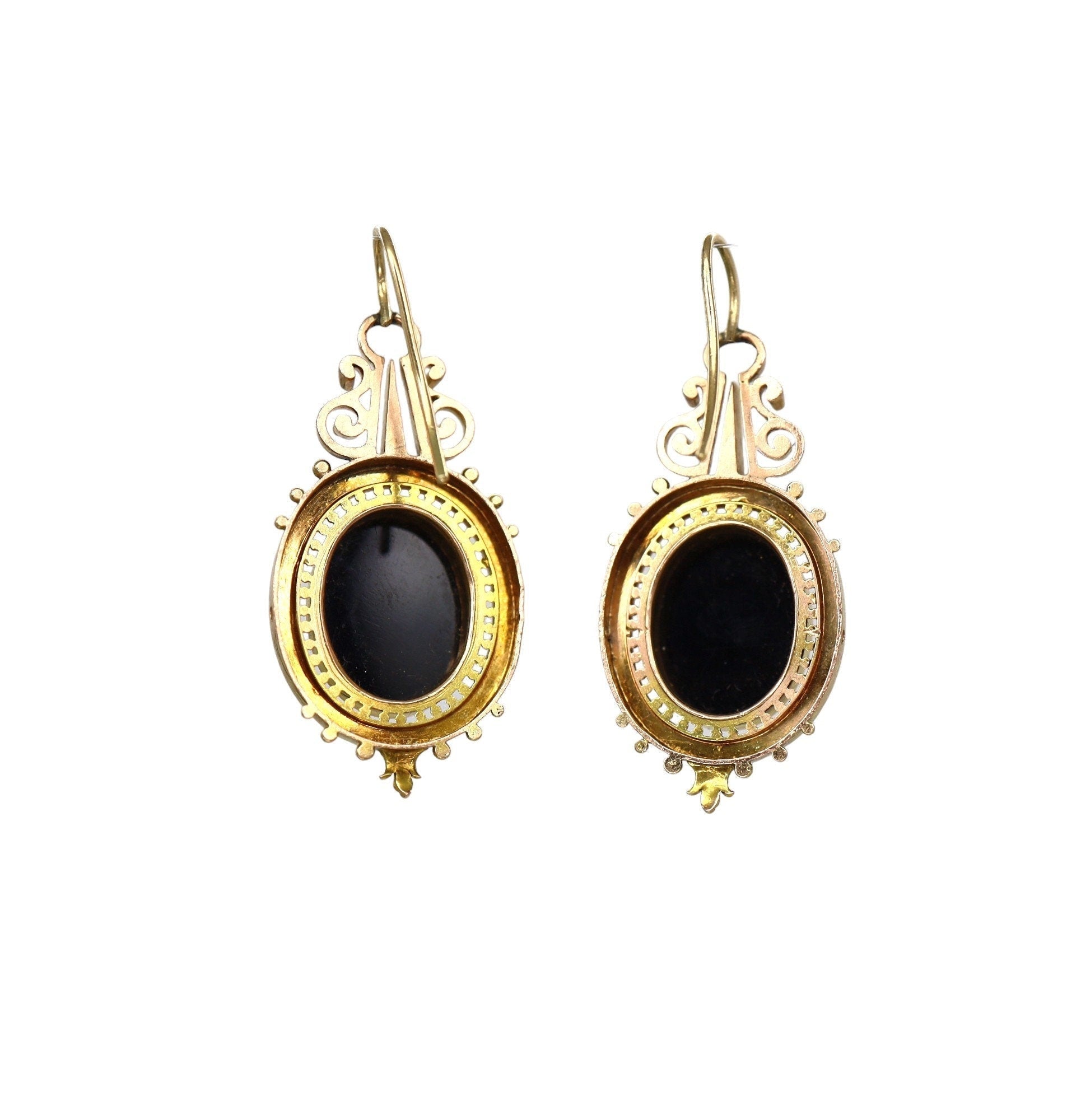 Antique 1880s Sardonyx Cameo Earrings – 14k Yellow & Rose Gold Hardstone - Petra Star