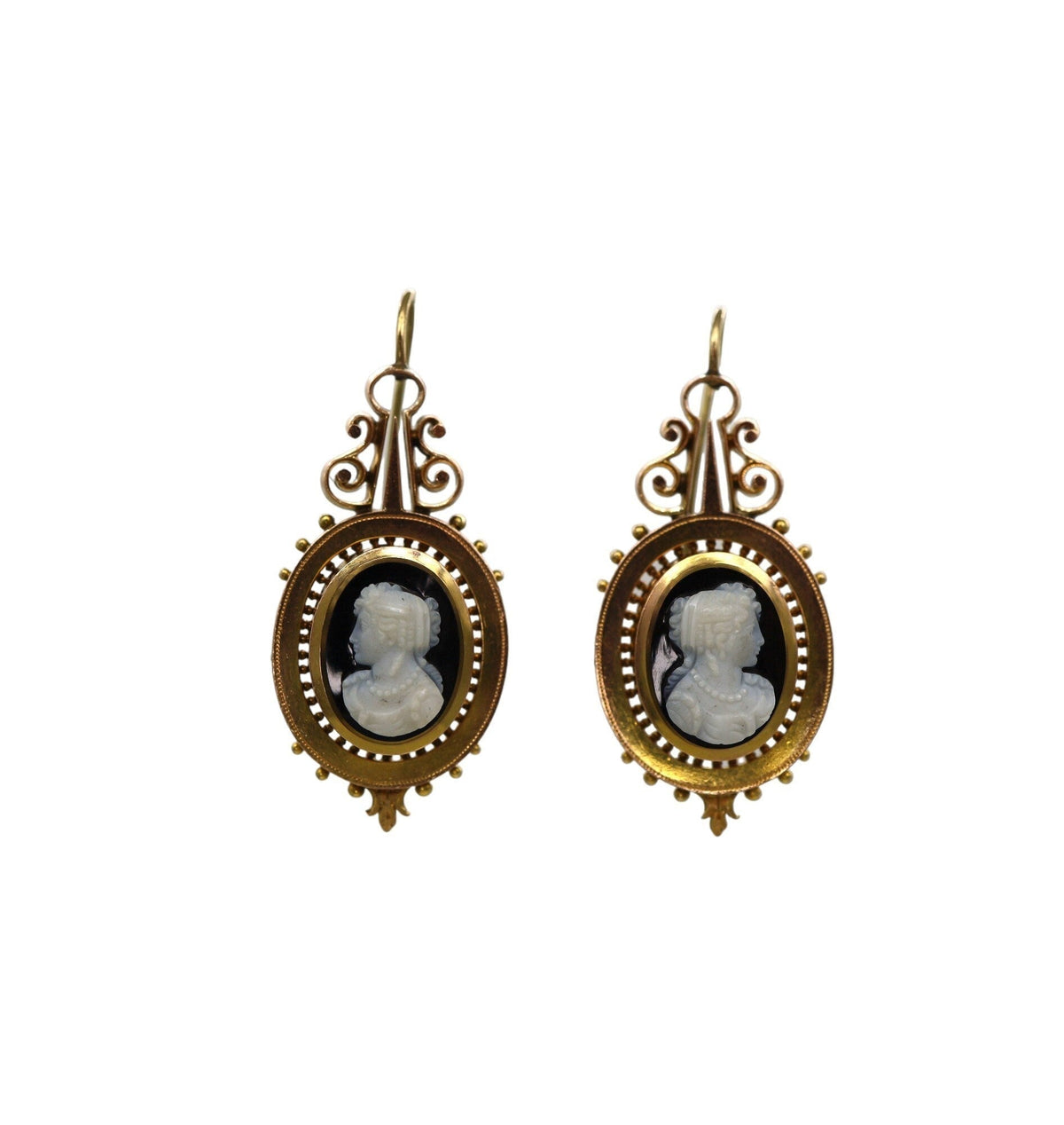 Antique 1880s Sardonyx Cameo Earrings – 14k Yellow & Rose Gold Hardstone - Petra Star