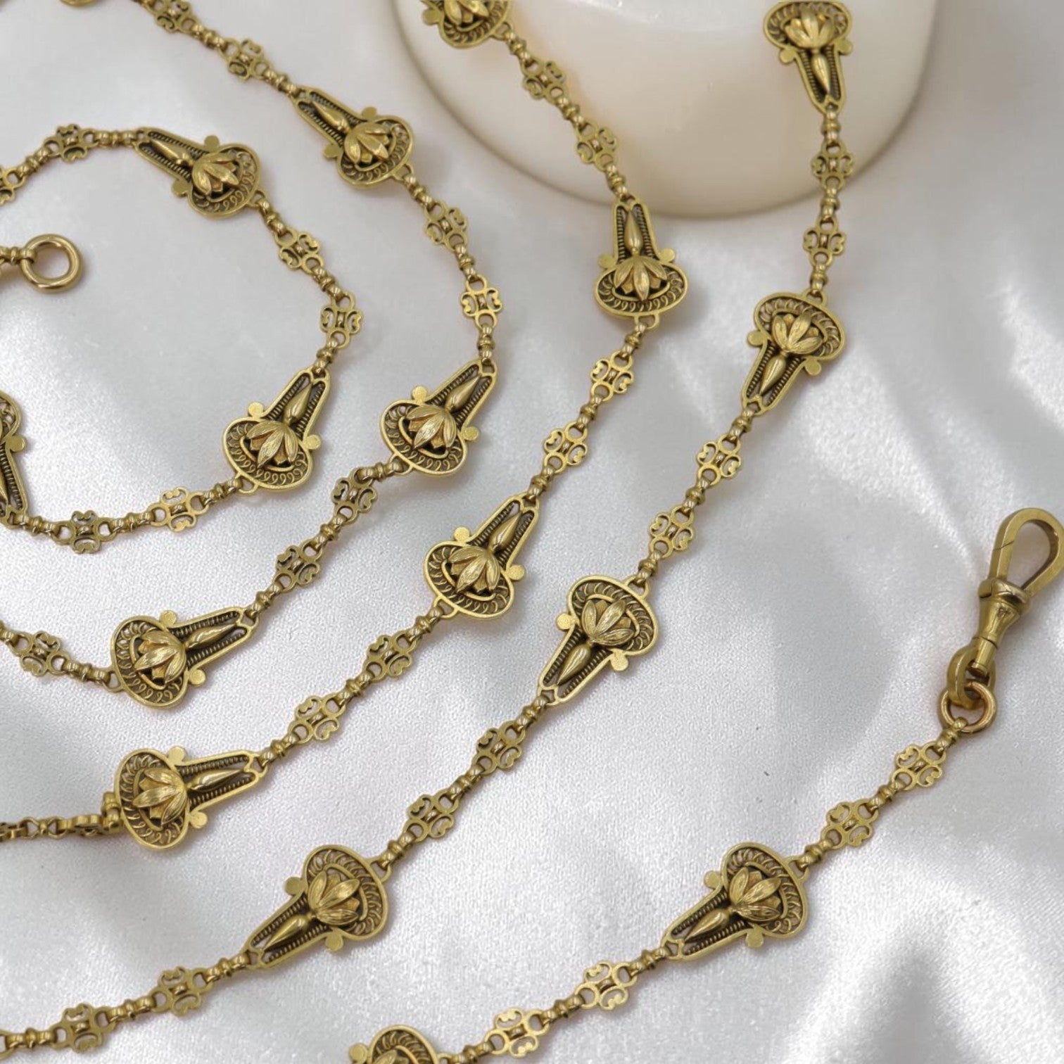 Antique 18k Gold Muff Chain, 65" Art Nouveau Sautoir, Fancy Filigree Drop Links, KO 18 Hallmark, 52.5g Long Guard Necklace - Petra Star