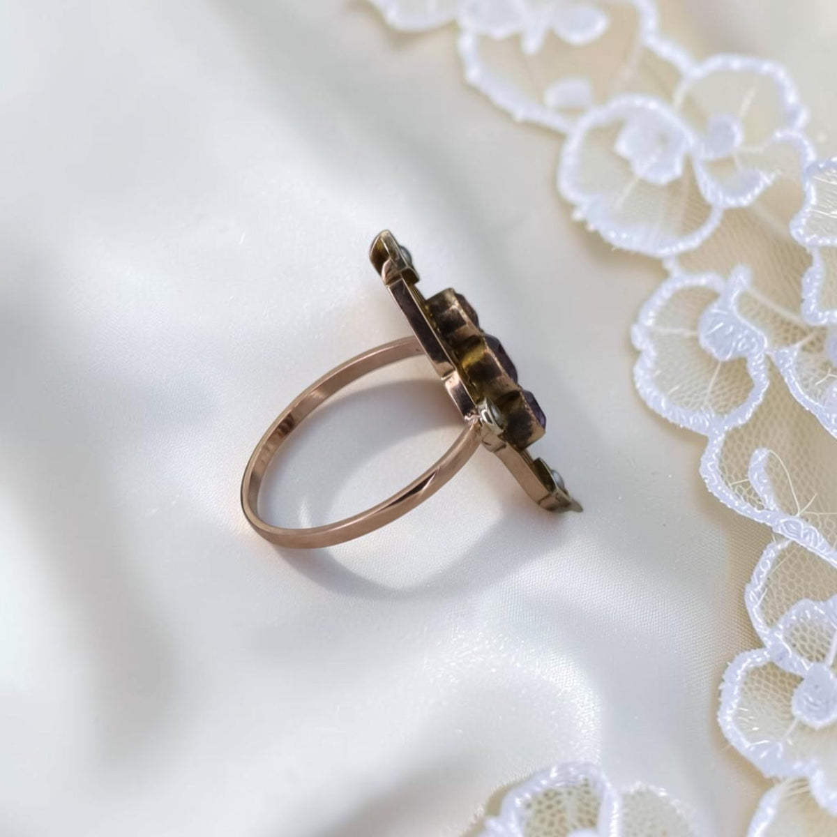 Antique Amethyst & Seed Pearl Navette Ring, Reimagined from a Late Victorian Brooch — 10K Pink Gold, Size 7 - Petra StarRing