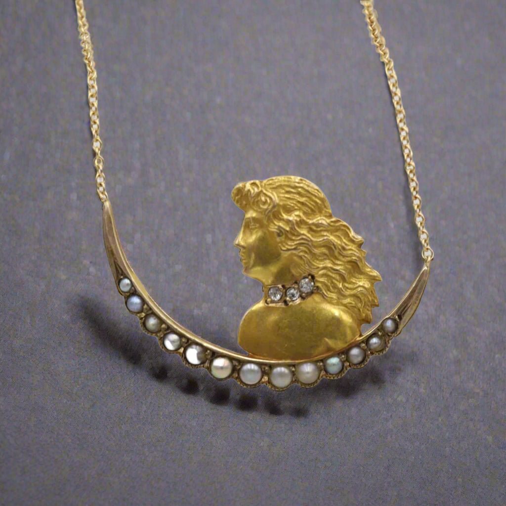 Antique Art Nouveau Crescent Moon Diamond & Pearl Necklace / Alphonse Mucha - Petra Star