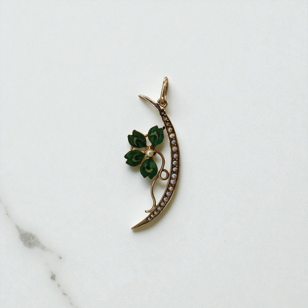 Antique Art Nouveau Four-Leaf Clover Crescent Moon Pendant — 14k Gold, Enamel & Pearls - Petra Star