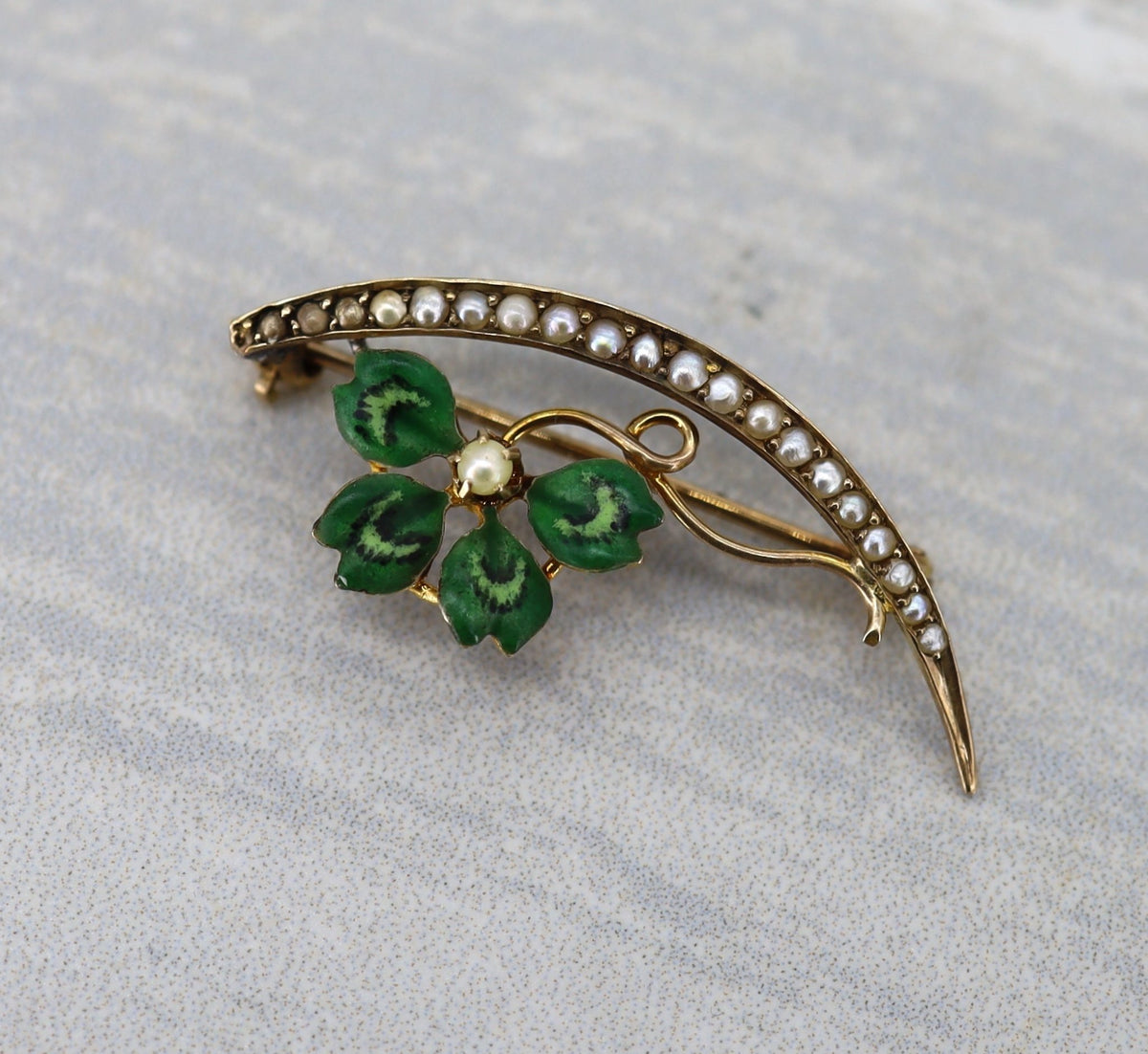 Antique Art Nouveau Four-Leaf Clover Crescent Moon Pendant — 14k Gold, Enamel & Pearls - Petra Star