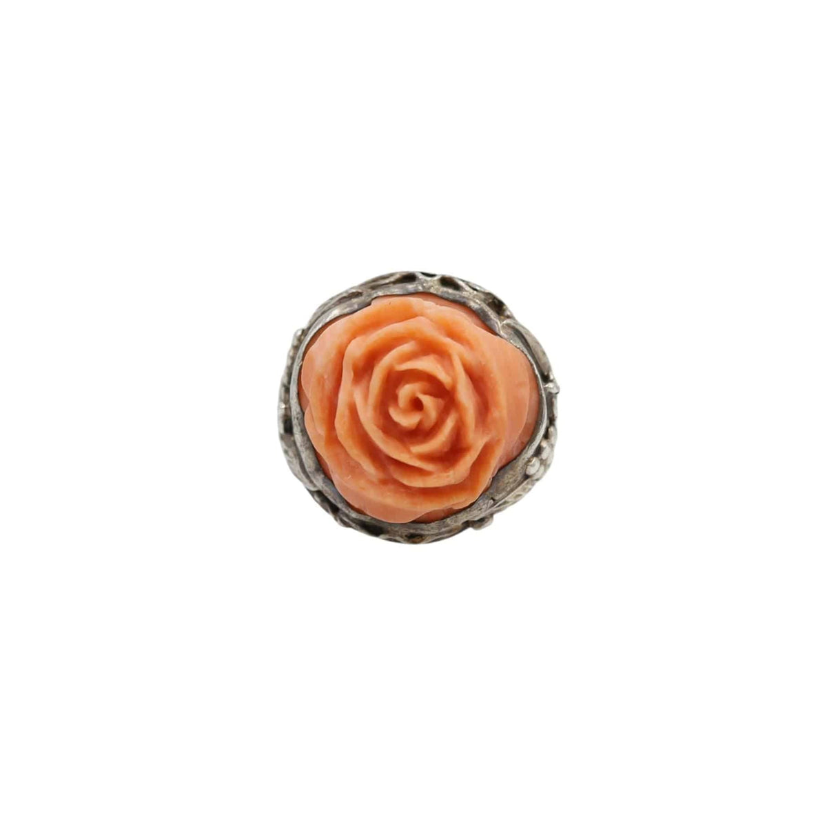 Antique Chinese Carved Coral Ring in Sterling Silver - Petra Star