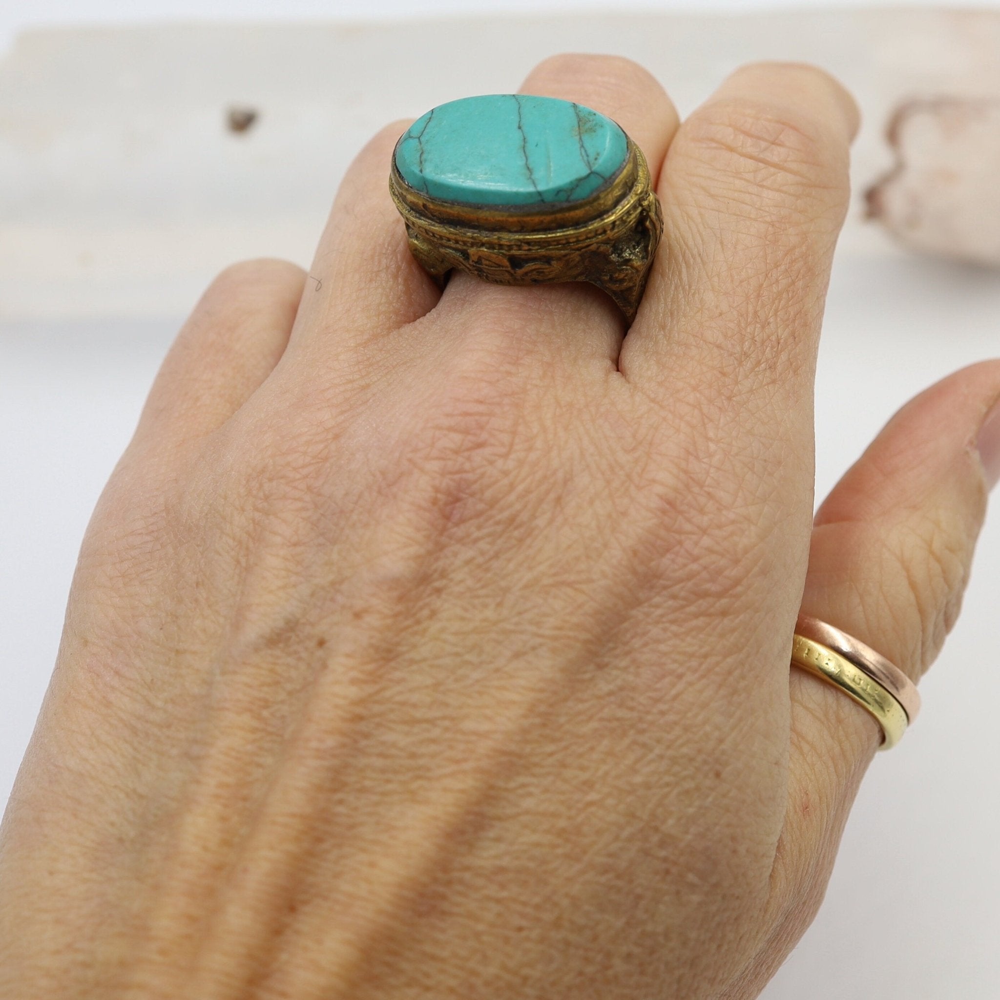 Antique Gilded-Gold Turquoise Saddle Ring - Petra Star