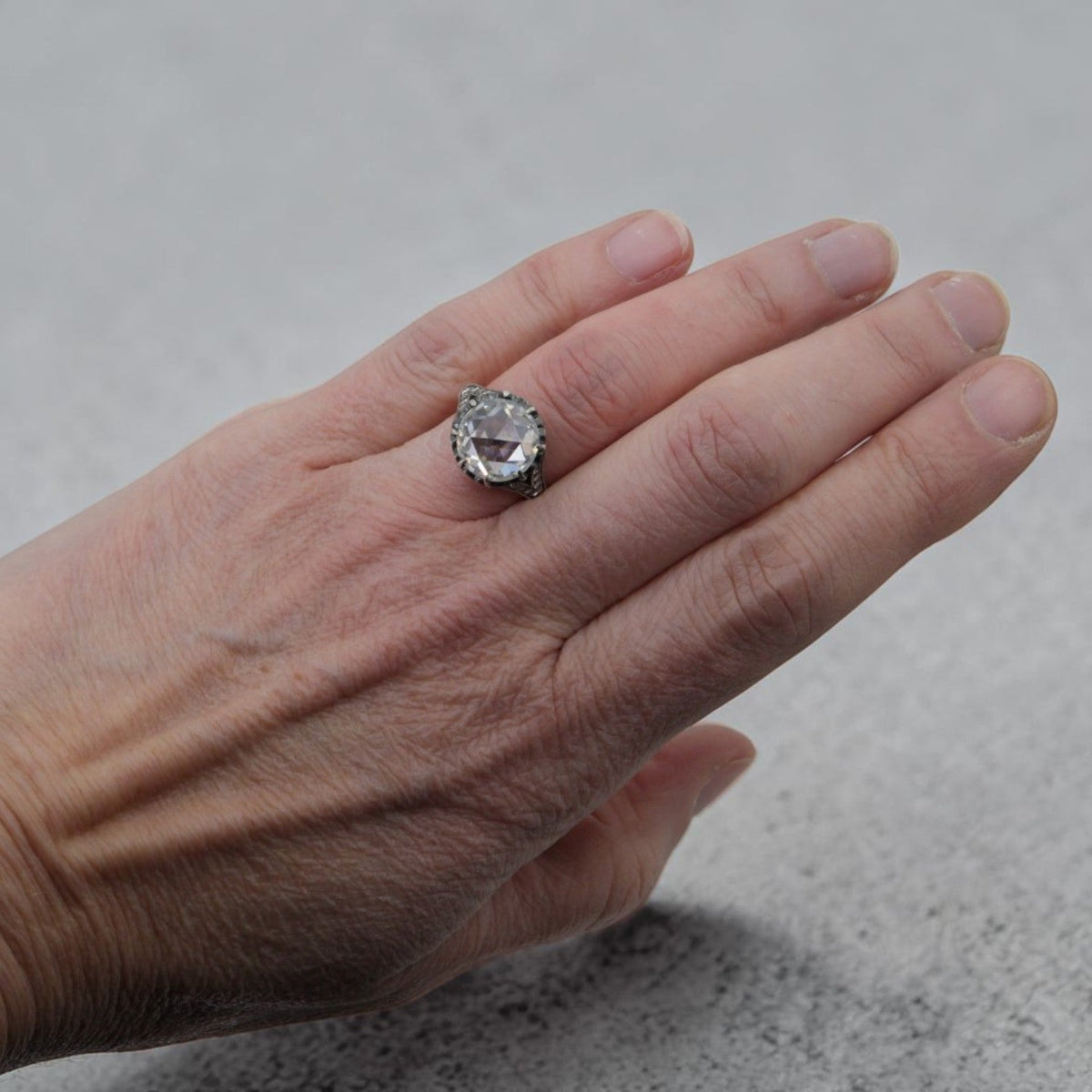 Antique Silver-Topped 14K Gold Ring with 2 Carat Round Rose Cut Moissanite — Pre-1850 Mounting, Size 6 - Petra StarEngagement Ring