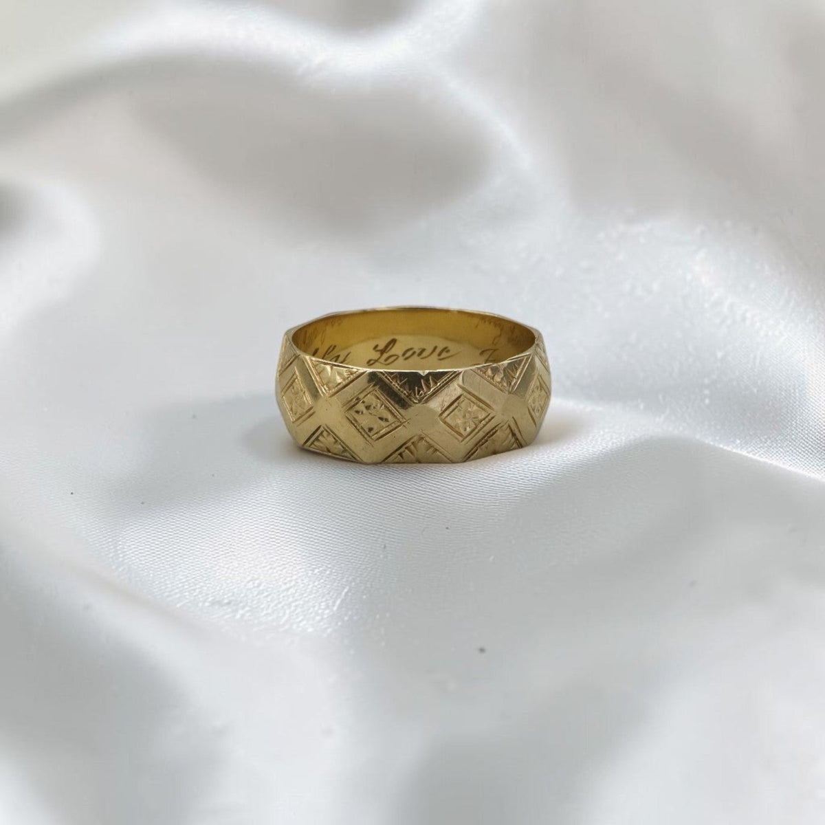 Antique Victorian 14K Yellow Gold Wide Chased Band Ring — Personal Inscription "To Abby, Love Joe," Circa 1900 - Petra StarBand