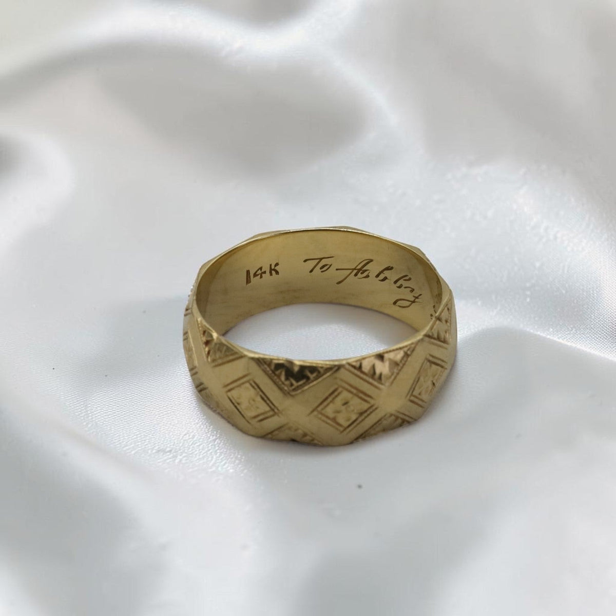 Antique Victorian 14K Yellow Gold Wide Chased Band Ring — Personal Inscription "To Abby, Love Joe," Circa 1900 - Petra StarBand