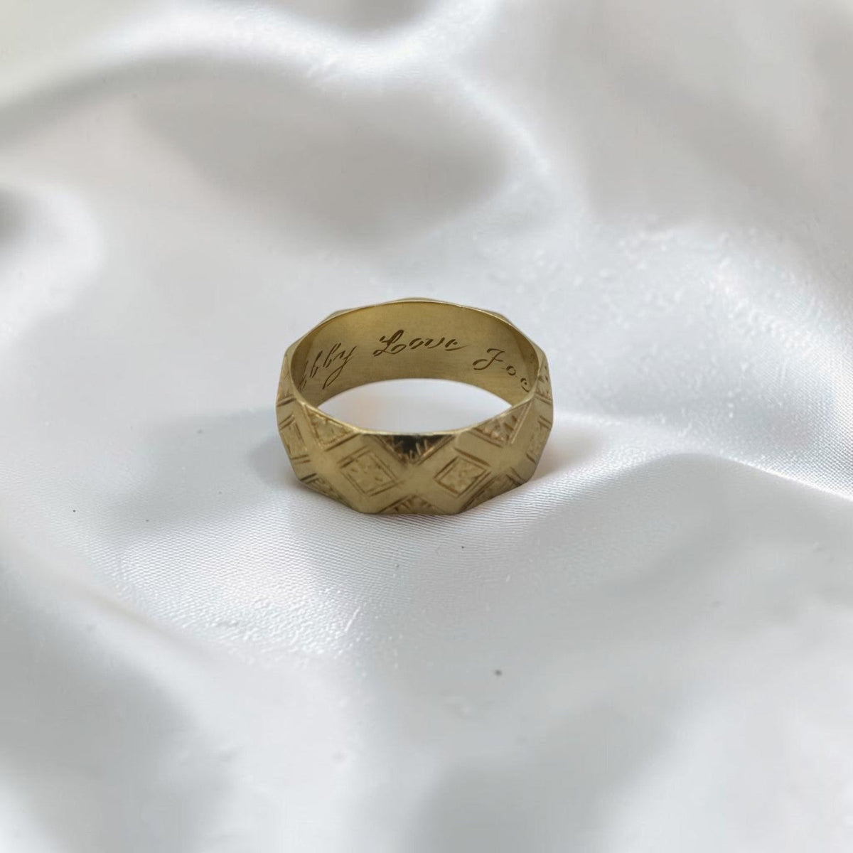 Antique Victorian 14K Yellow Gold Wide Chased Band Ring — Personal Inscription "To Abby, Love Joe," Circa 1900 - Petra StarBand
