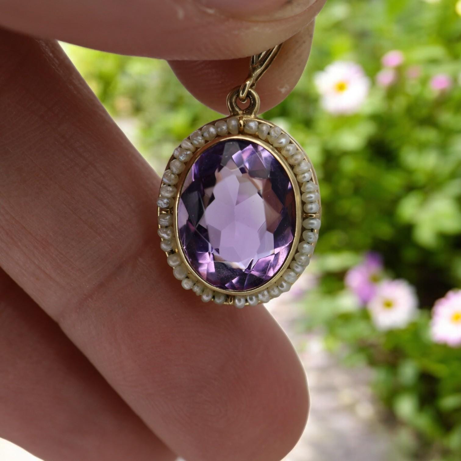 Antique Victorian Amethyst & Pearl Pendant 10k Gold - Petra Star