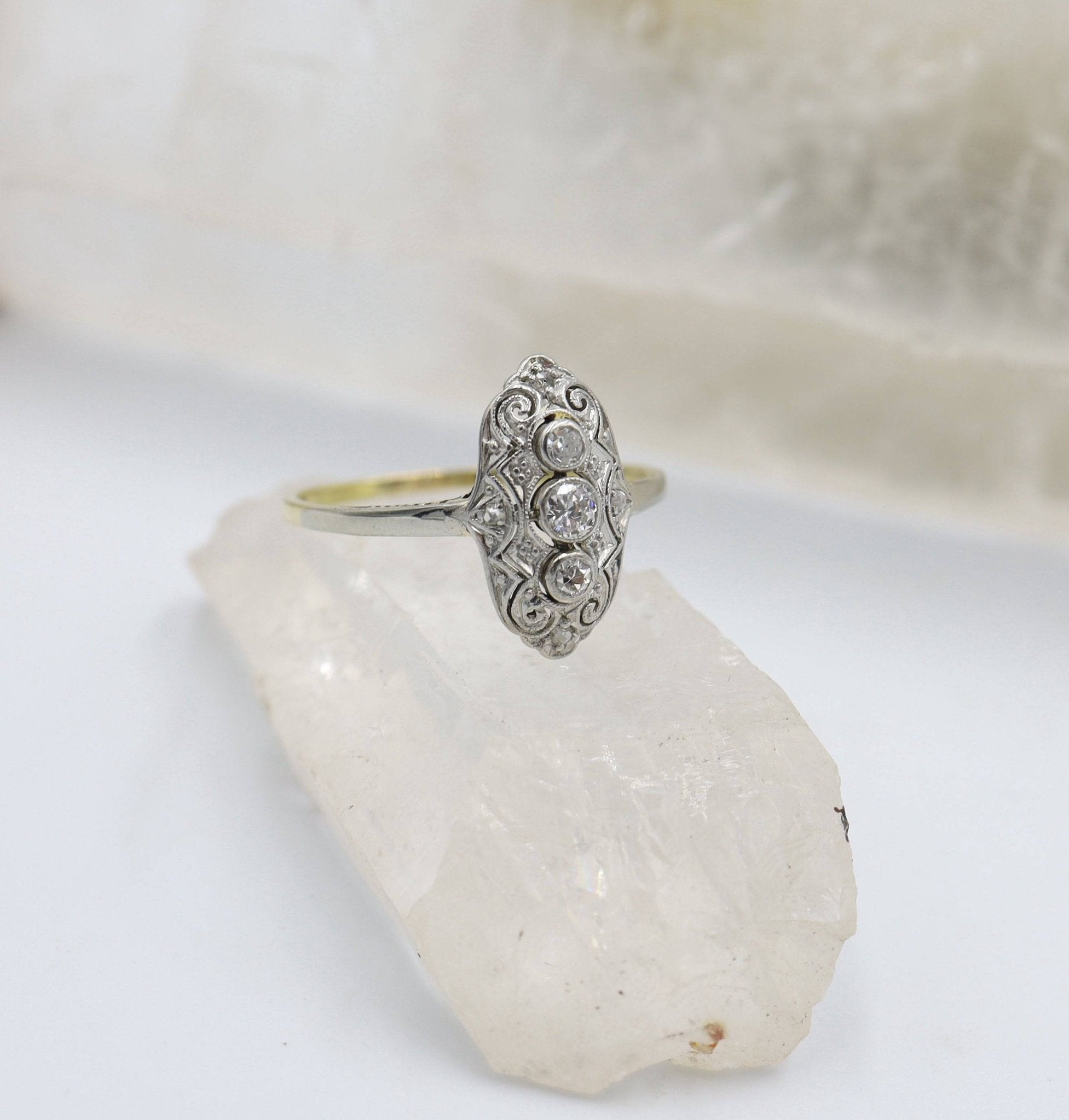 Antique Victorian Diamond Ring in Platinum & 14k Gold with Milgrain & Scrollwork - Petra Star