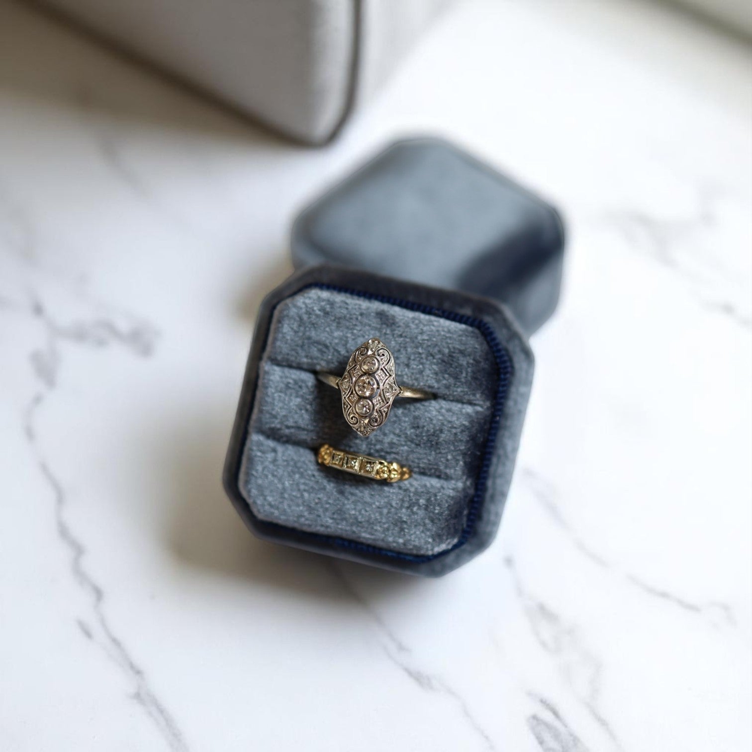 Antique Victorian Diamond Ring in Platinum & 14k Gold with Milgrain & Scrollwork - Petra Star