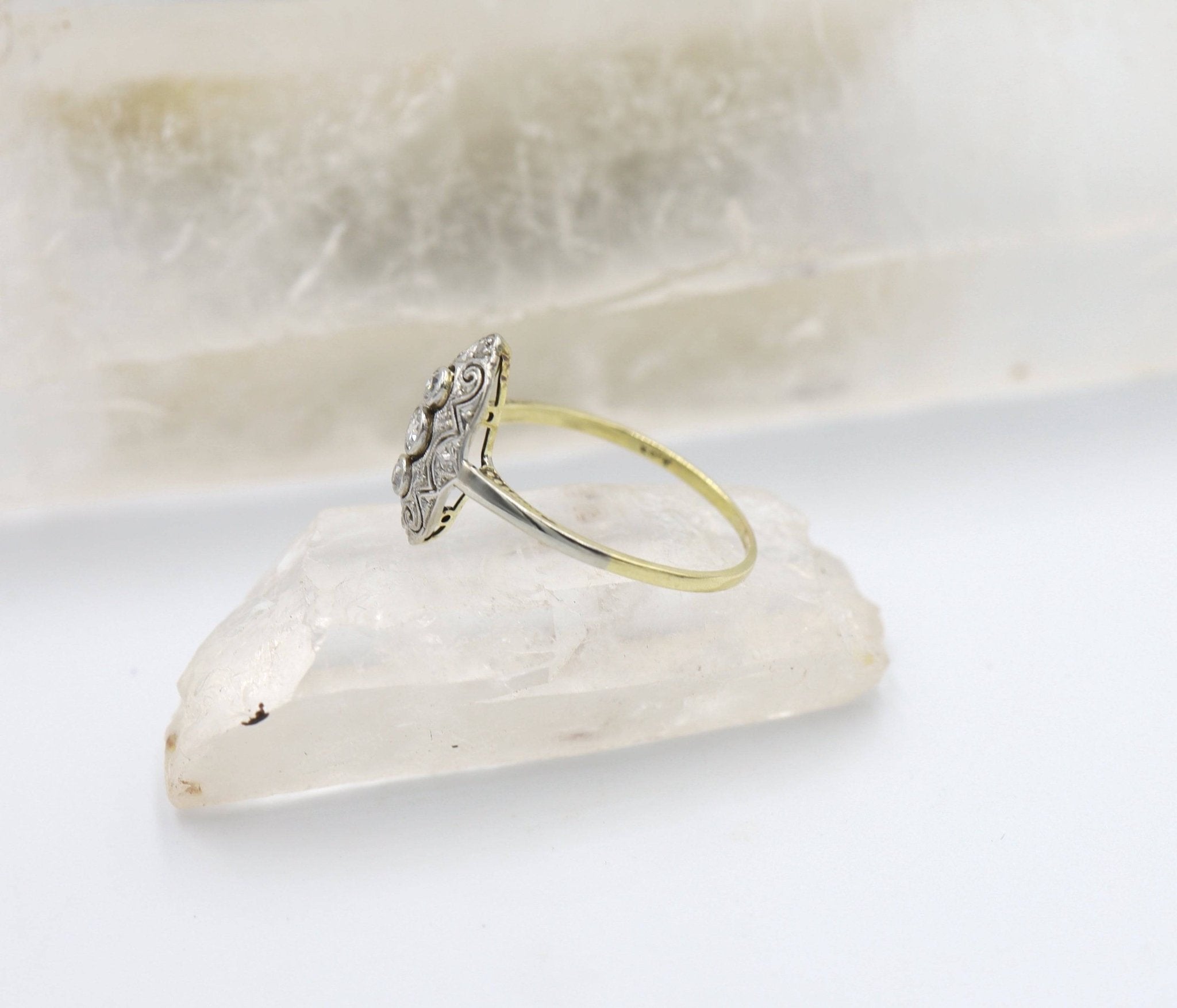 Antique Victorian Diamond Ring in Platinum & 14k Gold with Milgrain & Scrollwork - Petra Star