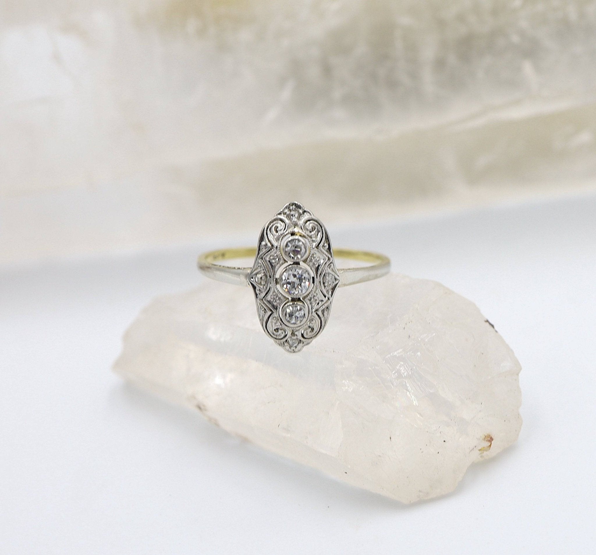 Antique Victorian Diamond Ring in Platinum & 14k Gold with Milgrain & Scrollwork - Petra Star