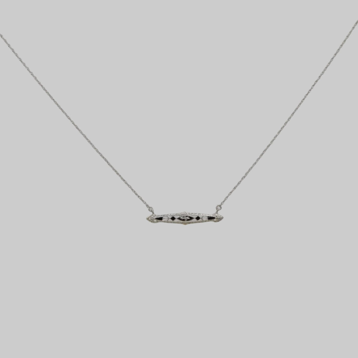 Art Deco Bar Necklace with Black Enamel in 14k White Gold - Petra Star