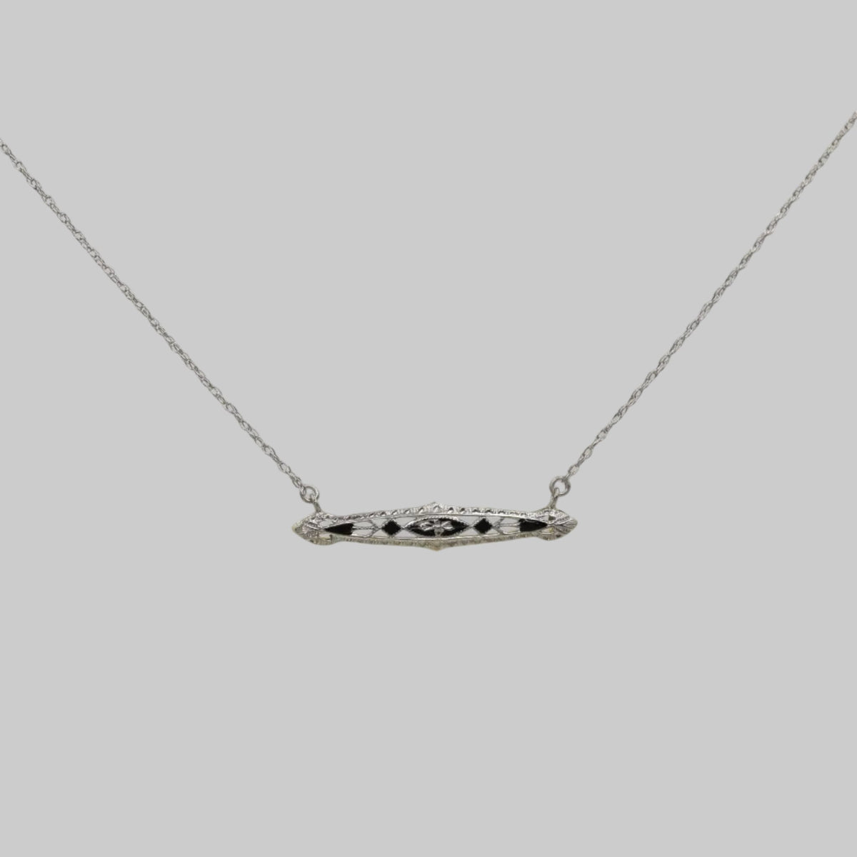 Art Deco Bar Necklace with Black Enamel in 14k White Gold - Petra Star