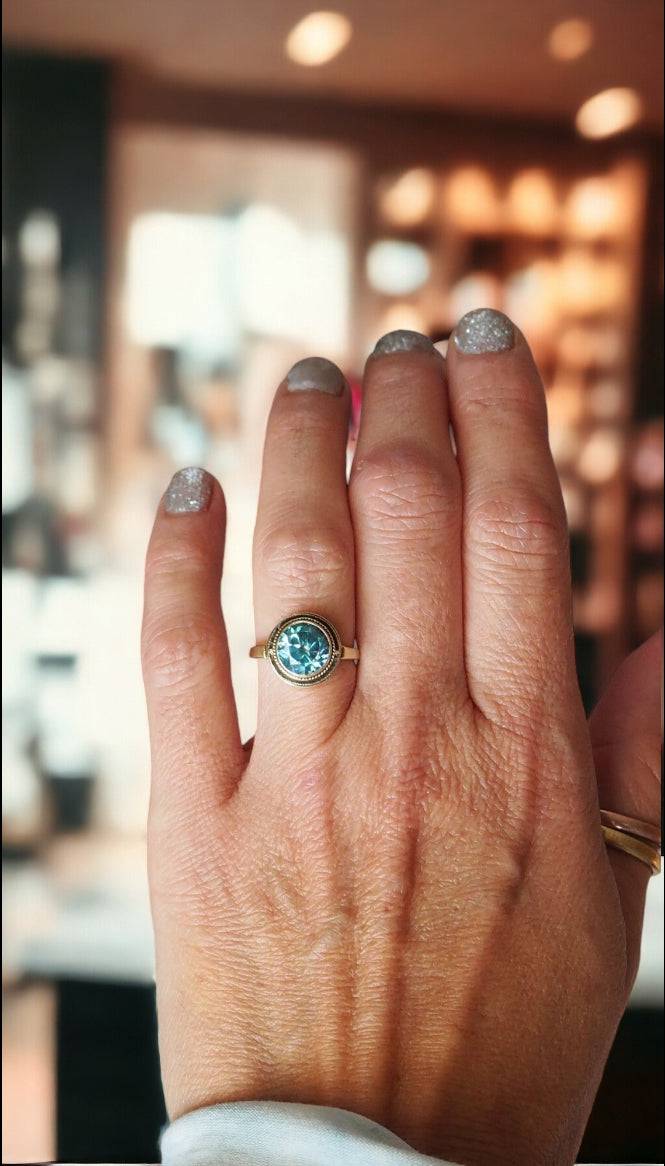 Art Deco Blue Zircon Ring in 14k Yellow Gold - Petra Star