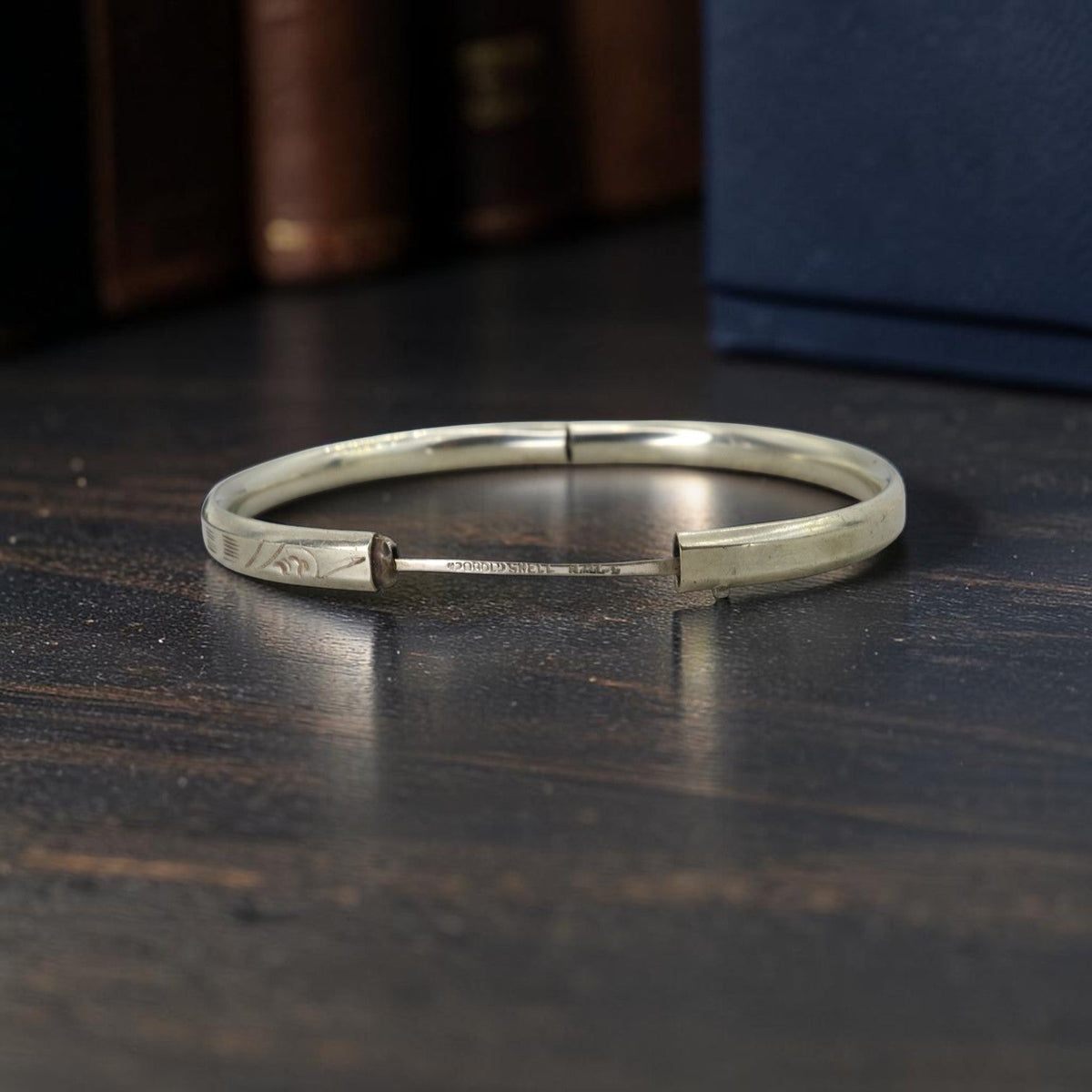 Art Deco Child's Hinged Bangle Bracelet, Engraved White Gold Shell, c. 1920s - Petra StarBracelets