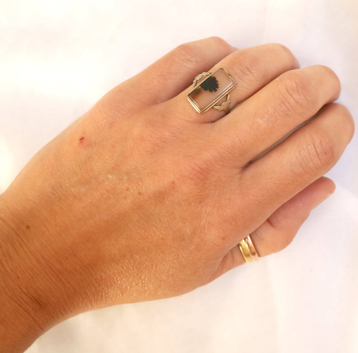 Art Deco Dendritic Agate Ring Moss Agate 10k White Gold Ring - Petra Star