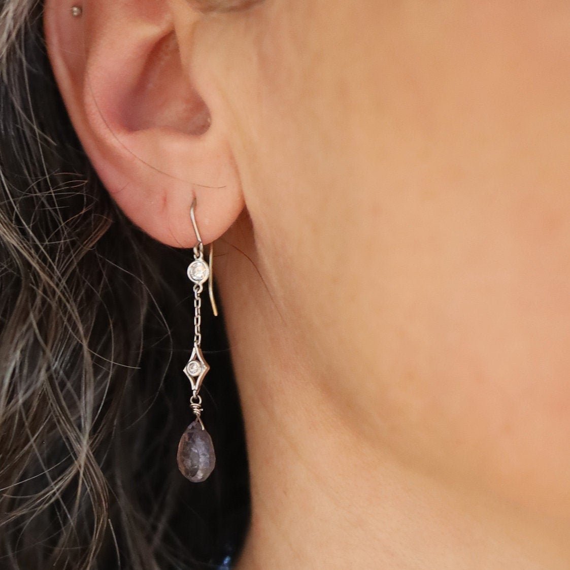 Art Deco Diamond Earrings in 18k White Gold with Iolites - Petra Star