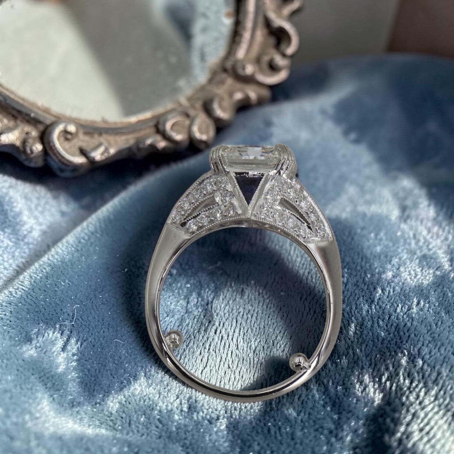Art Deco Inspired Platinum and Sapphire Vintage Mounting set with 3.09 ct Lab Created Radiant Cut Diamond - Petra Star