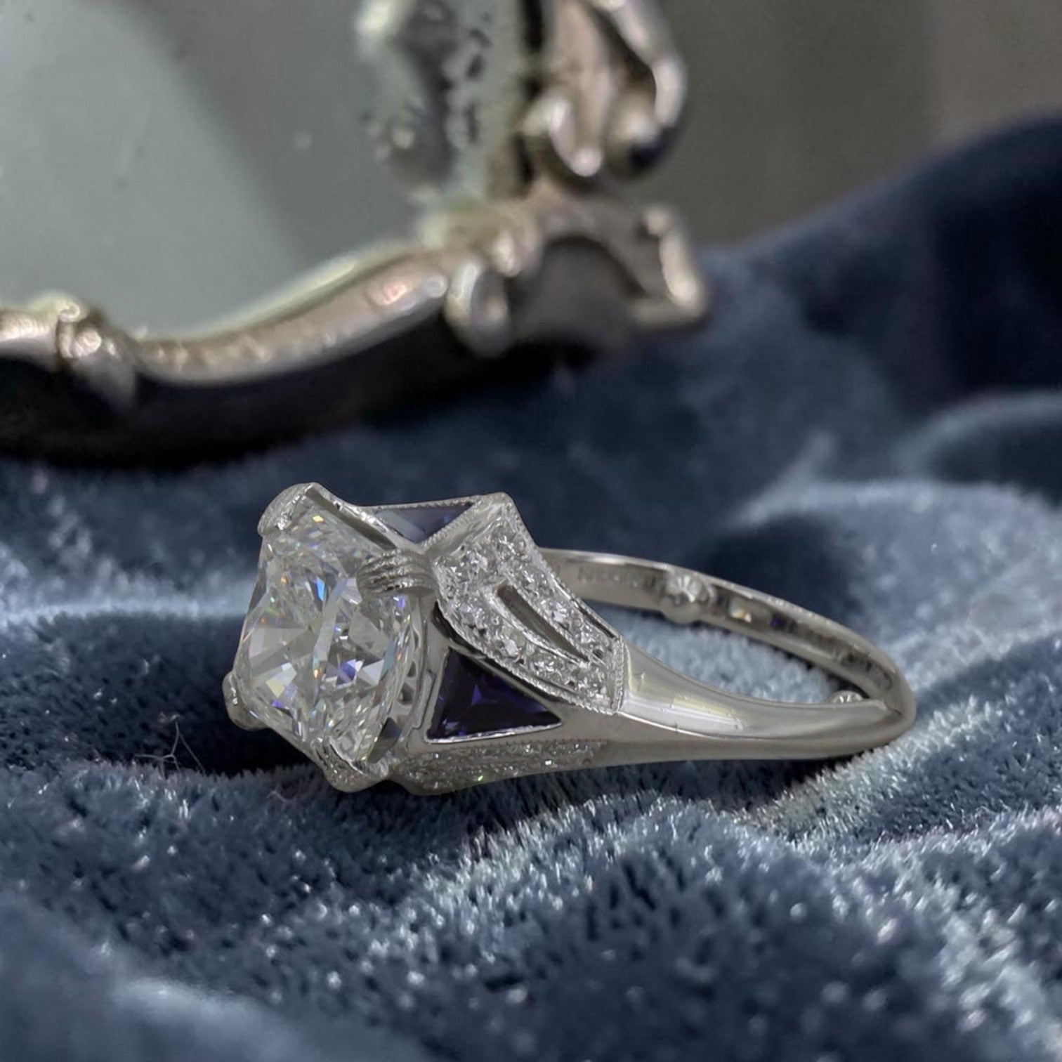 Art Deco Inspired Platinum and Sapphire Vintage Mounting set with 3.09 ct Lab Created Radiant Cut Diamond - Petra Star