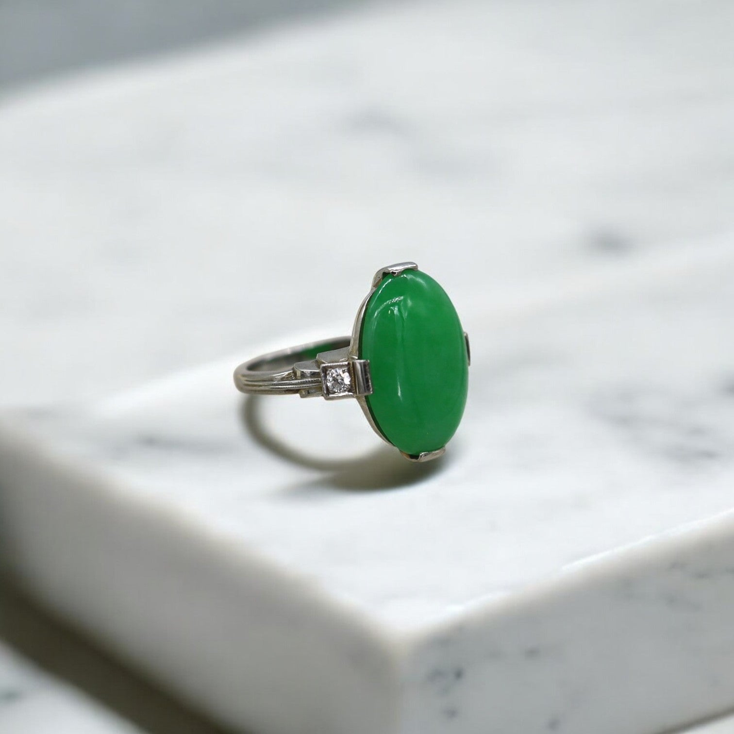 Art Deco Jade and Diamond Ring in 18k - Petra Star