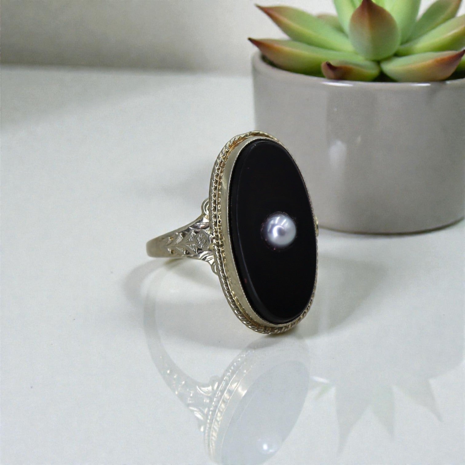 Art Deco Onyx and Pearl Ring in 14k White Gold - Petra Star