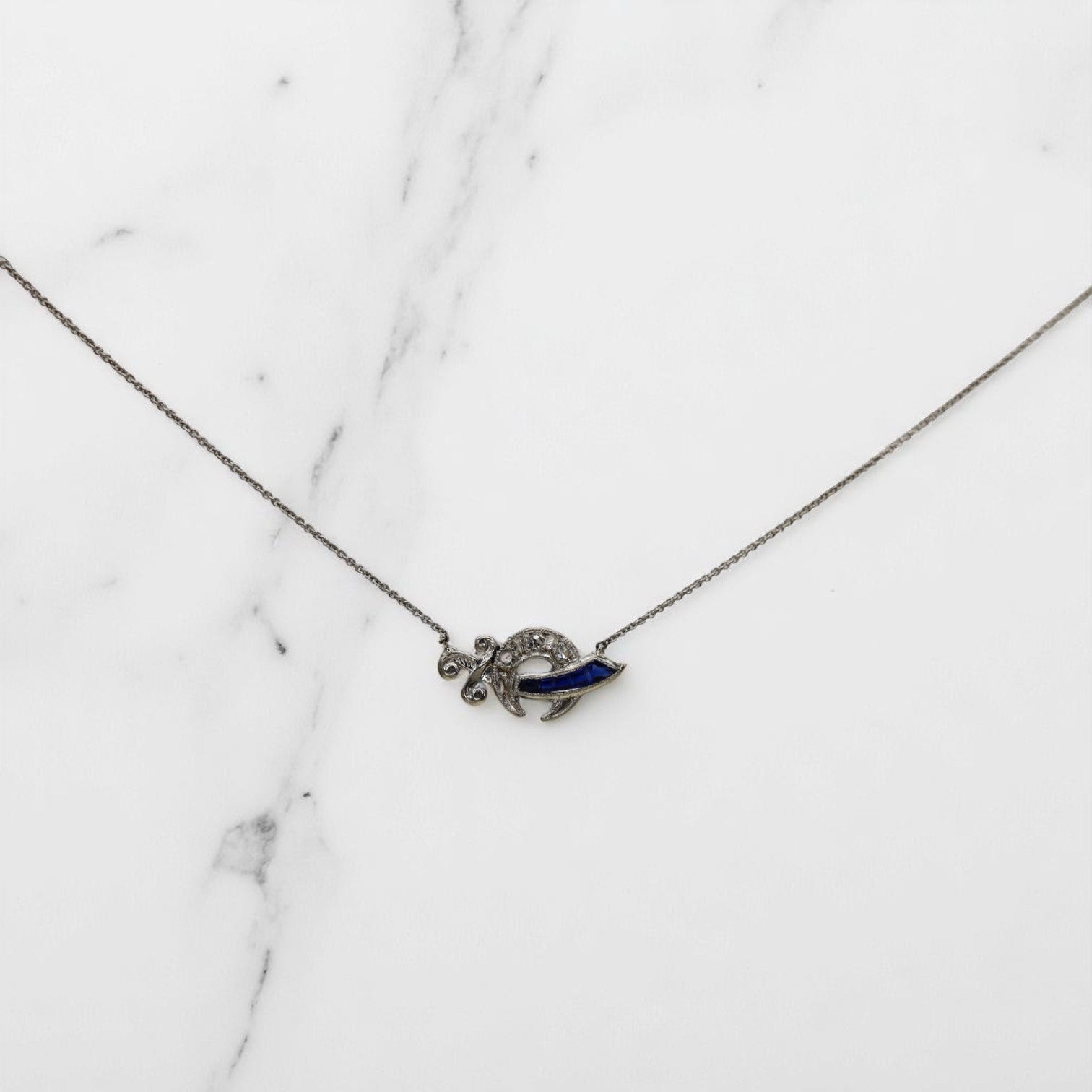 Art Deco Platinum Diamond and Sapphire Necklace - Petra Star