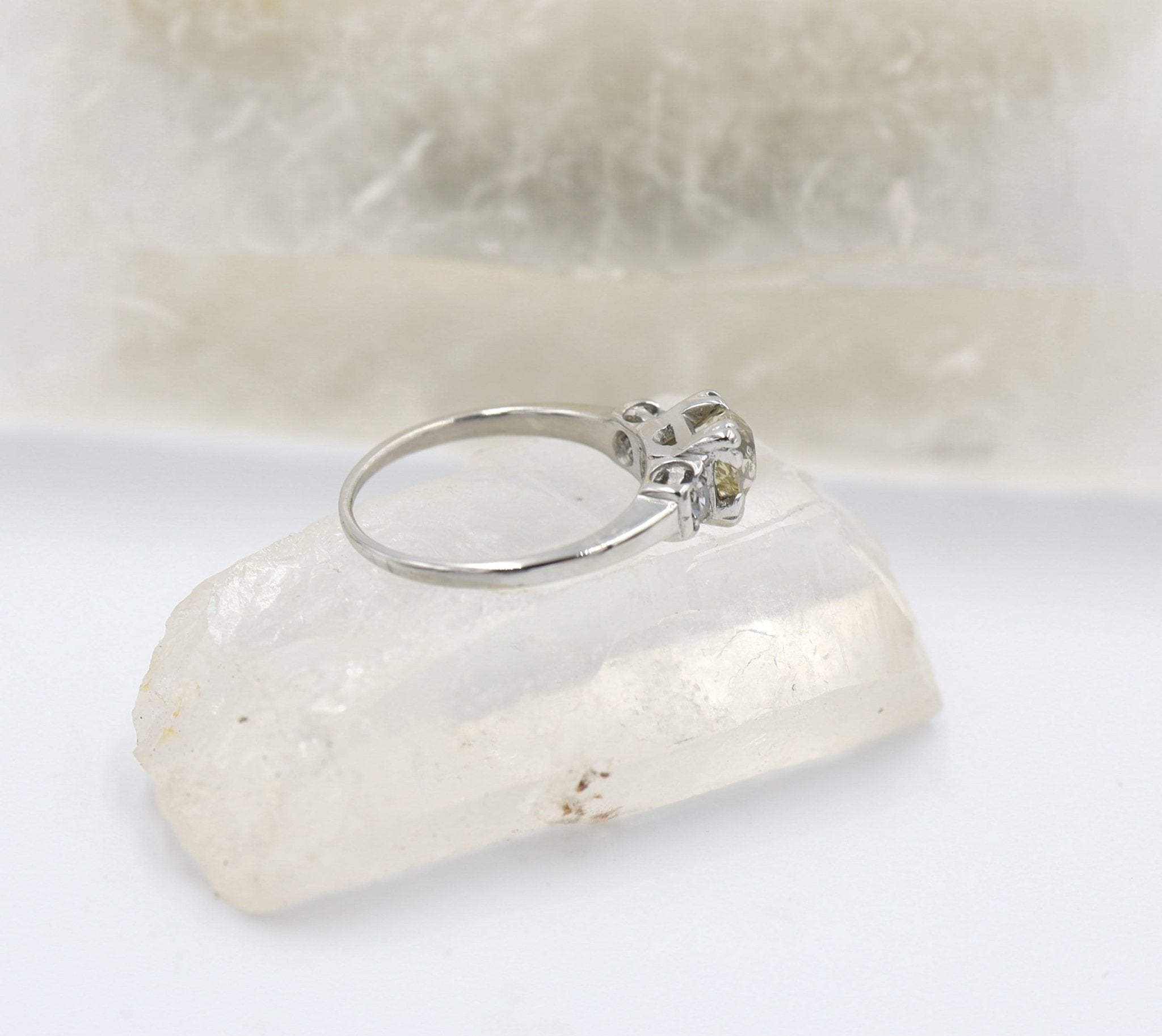 Art Deco Platinum Three Stone Diamond Ring – Old Mine Cut Center, Vintage Illusion Box Setting | Petra Star - Petra Star