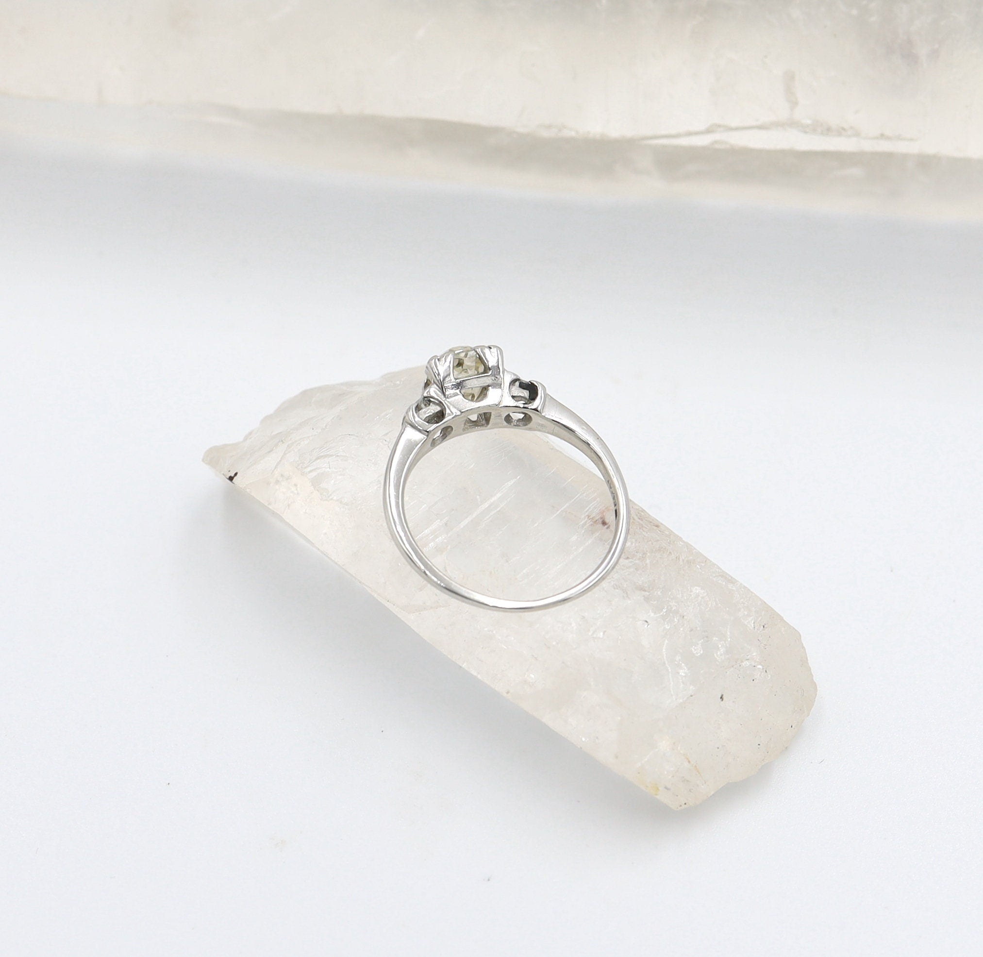 Art Deco Platinum Three Stone Diamond Ring – Old Mine Cut Center, Vintage Illusion Box Setting | Petra Star - Petra Star