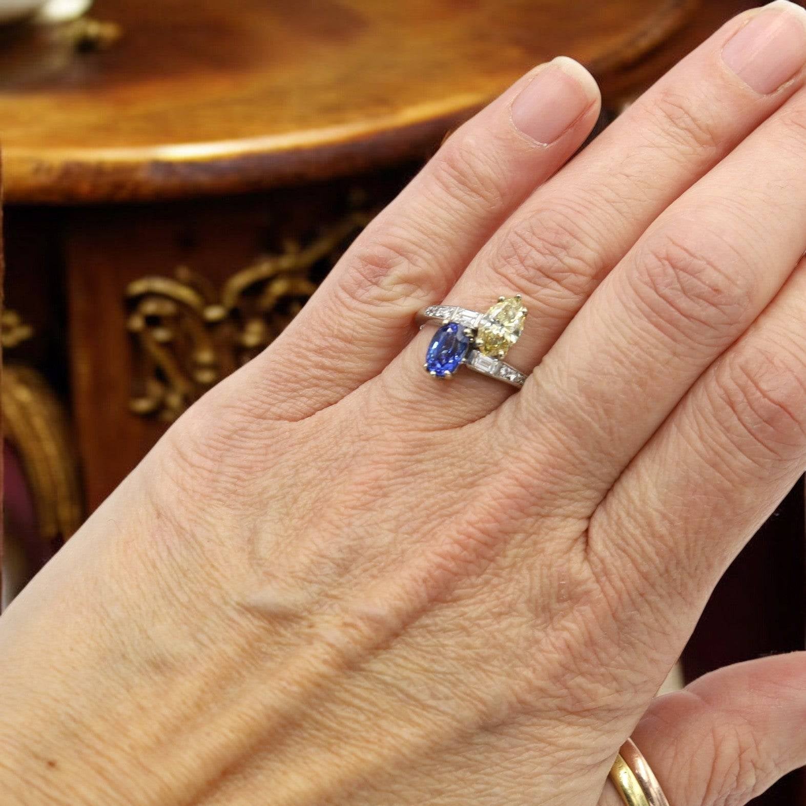 Art Deco Platinum Toi et Moi Ring – Marquise Fancy Yellow Diamond & Blue Sapphire | Petra Star - Petra Star