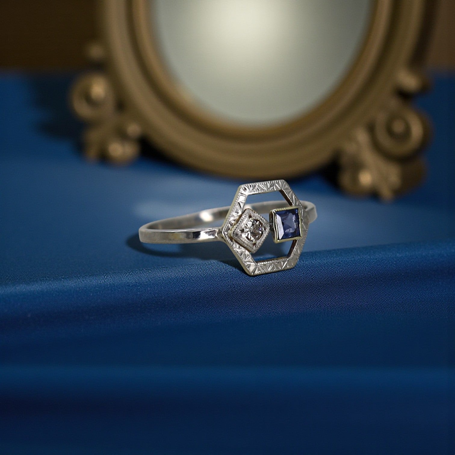 Art Deco Sapphire and Diamond Ring in Platinum - Petra Star