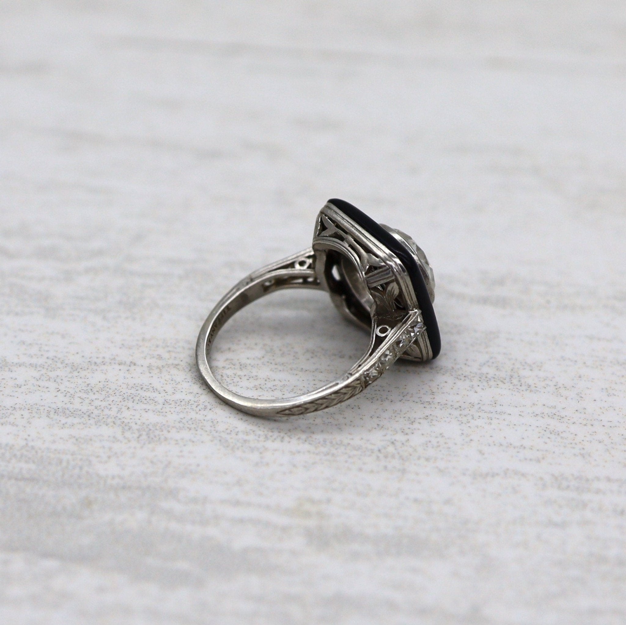 Art Deco Tiffany & Co. Onyx and Diamond Ring in Platinum - Petra Star