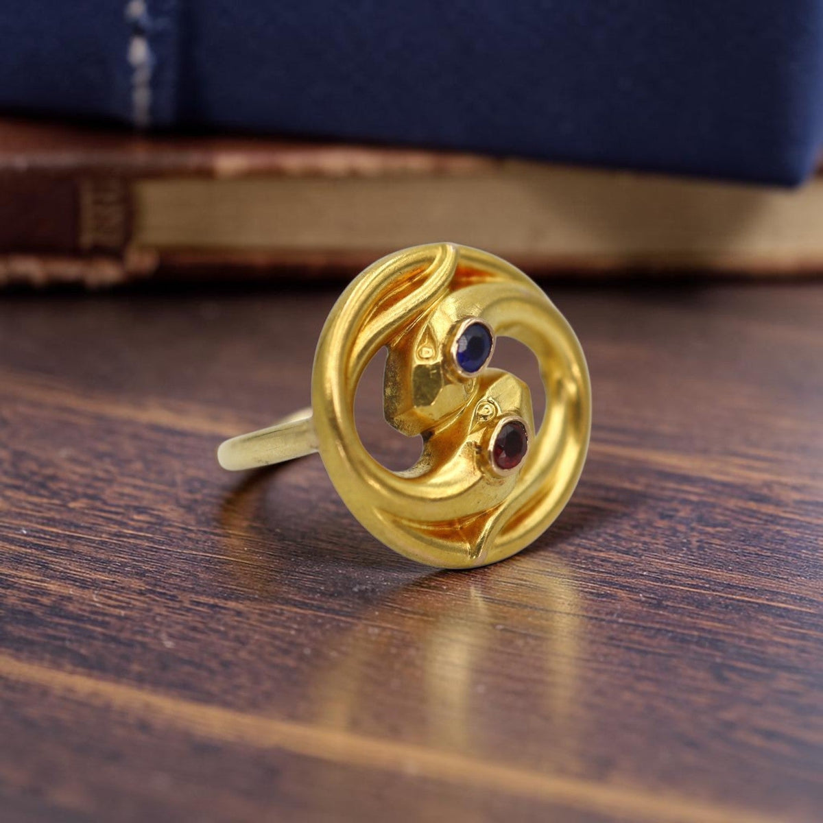 Art Nouveau 18K Gold Twin Serpent Ring — Sapphire & Ruby, Converted Scarf Pin, Circa 1910, Size 6 - Petra StarRing