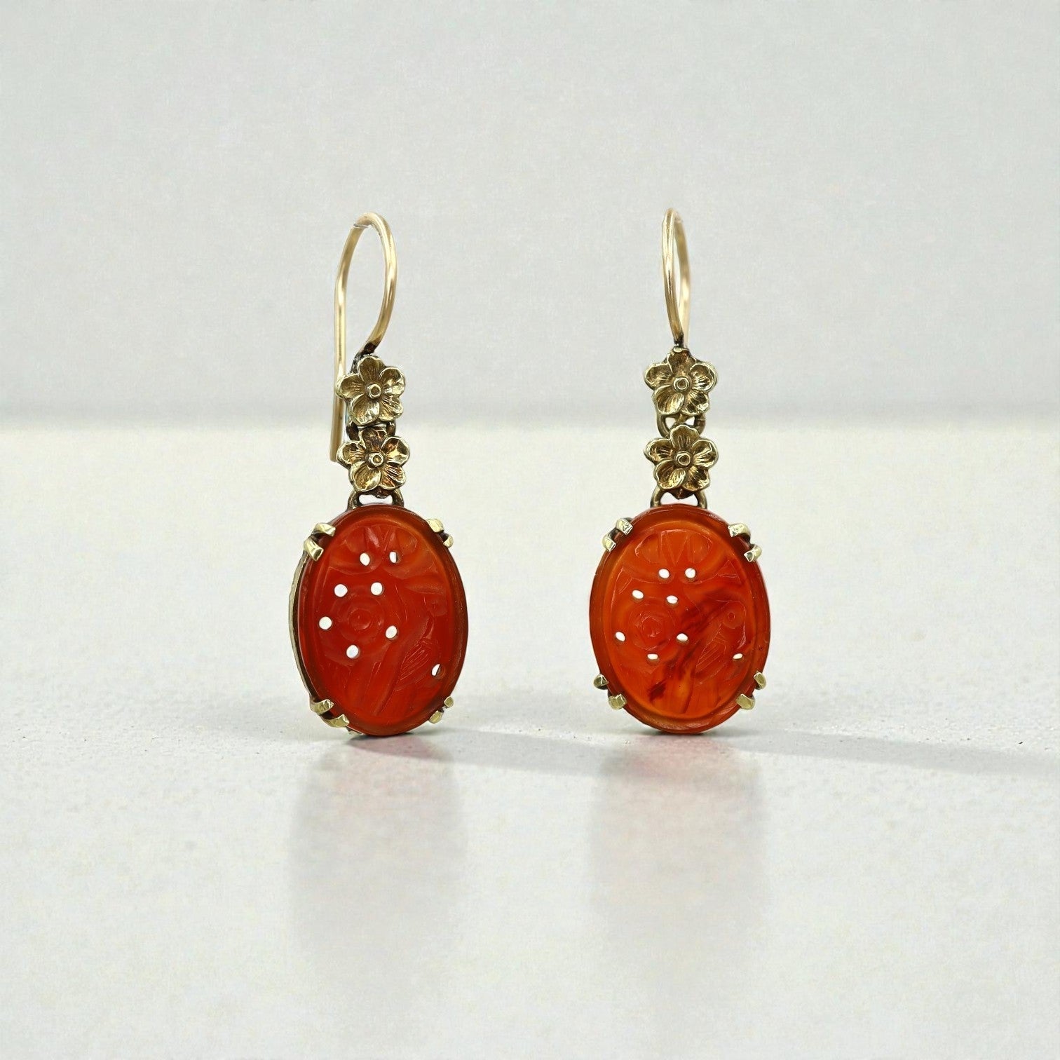 Art Nouveau Carved Carnelian Earrings 14k Yellow Gold - Petra Star