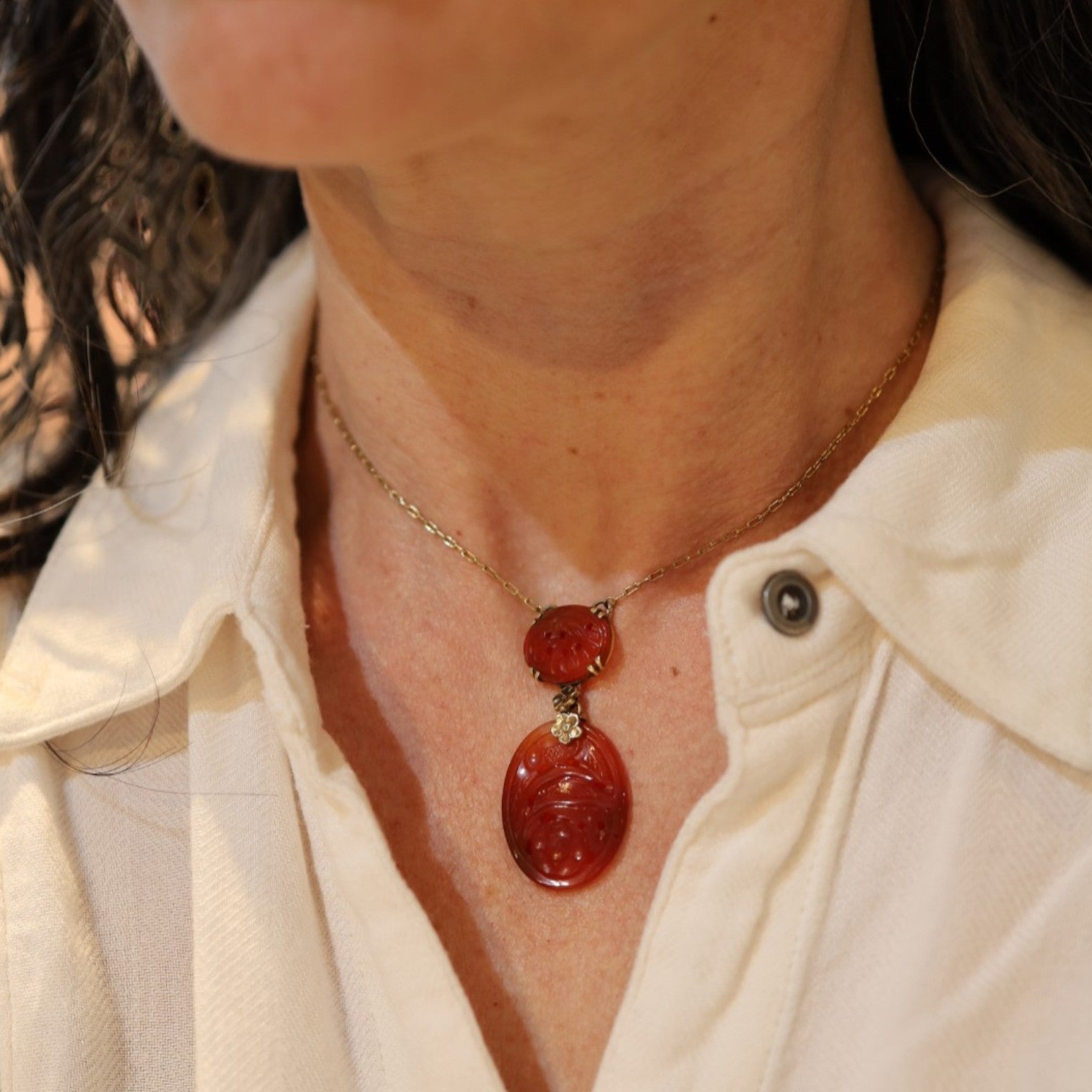 Art Nouveau Carved Carnelian Lavalier Necklace - Petra Star