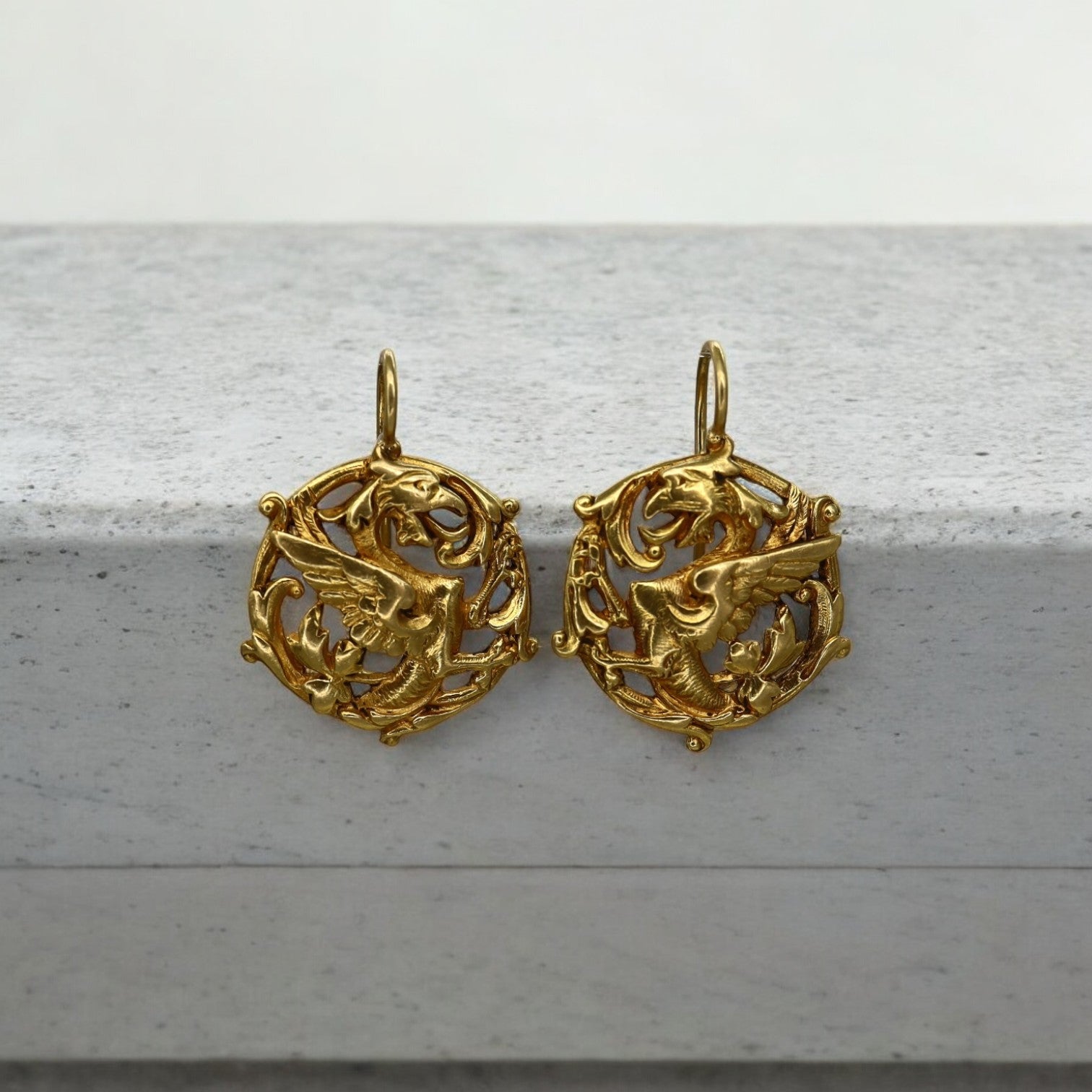Art Nouveau Griffin Drop Earrings – Antique 14k Gold Cufflink Conversion - Petra Star