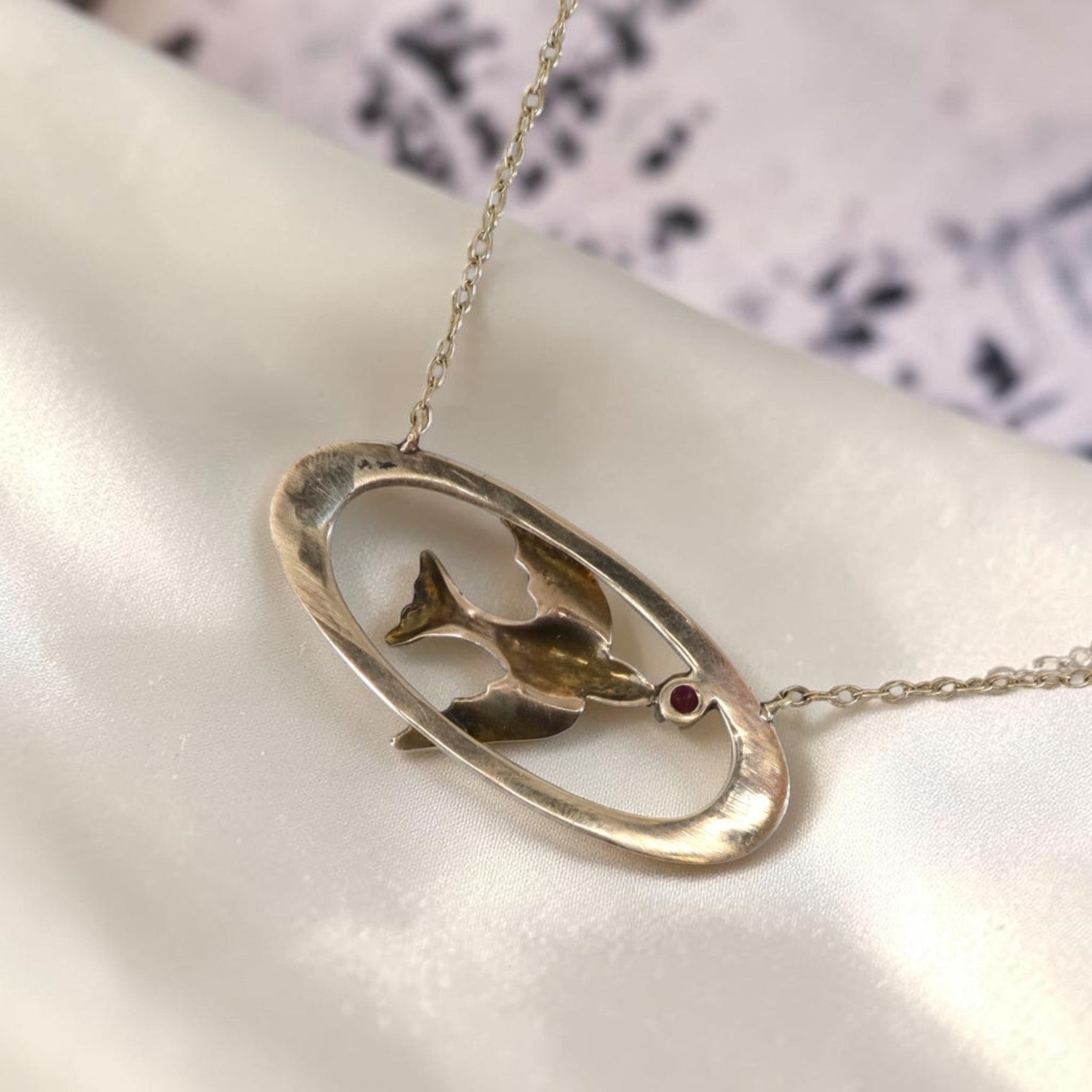 Art Nouveau Swallow Necklace in 10K Gold with Ruby | Converted Brooch Pendant | - Petra Star
