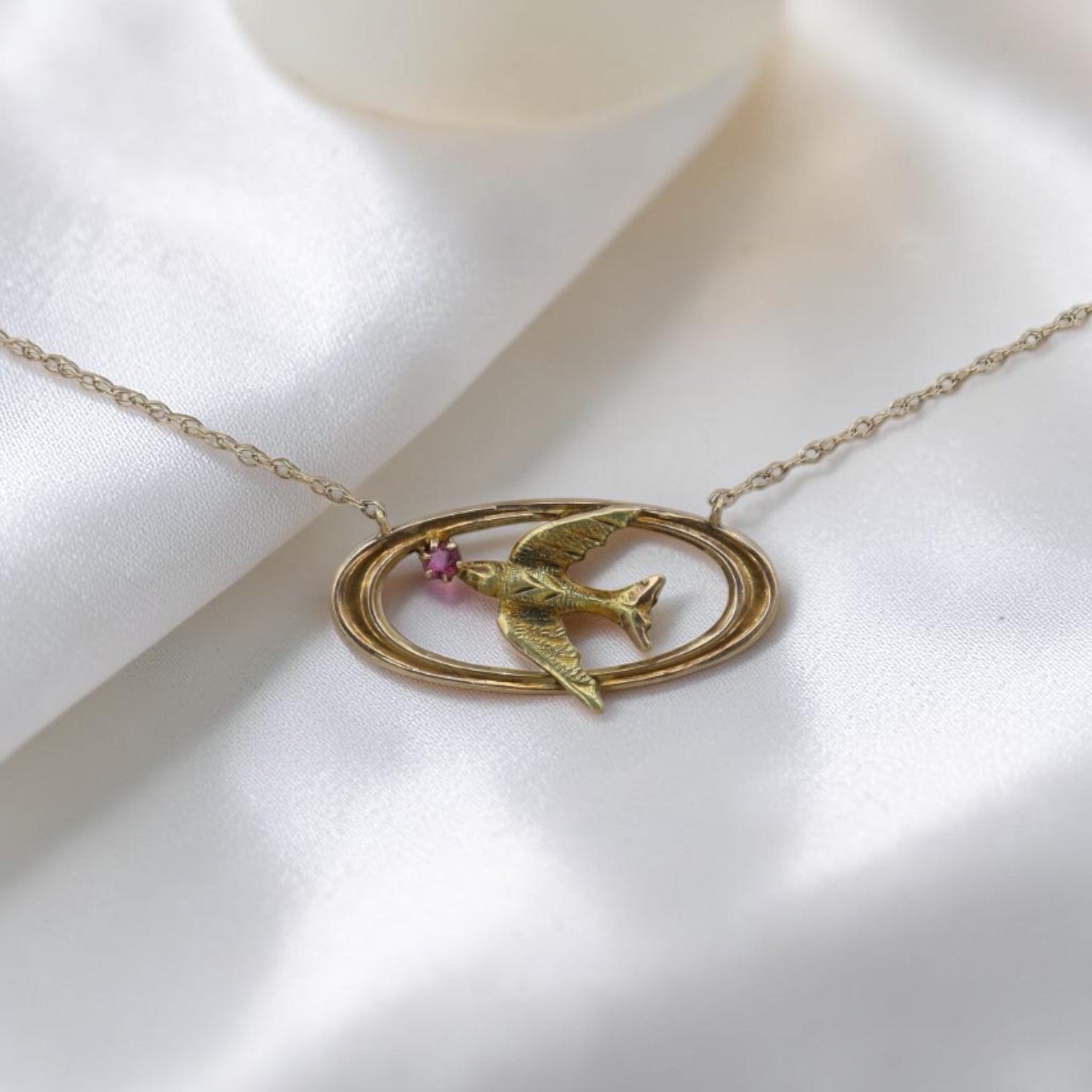 Art Nouveau Swallow Necklace in 10K Gold with Ruby | Converted Brooch Pendant | - Petra Star