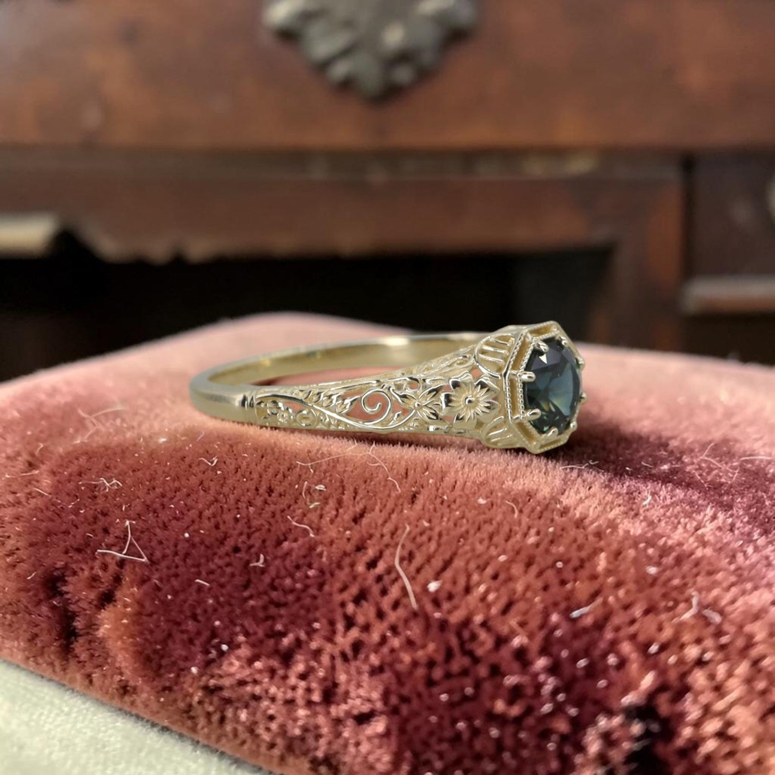 Vintage inspired cherry blossom semi-mount engagement ring by Petra Star featuring Australian mined sapphire in 14k gold.