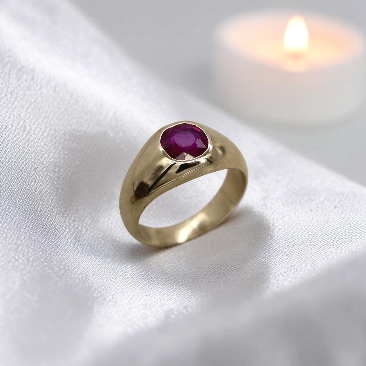 Bespoke 14k Yellow Gold Gypsy-Set Ruby Ring — Custom Commission - Petra Star