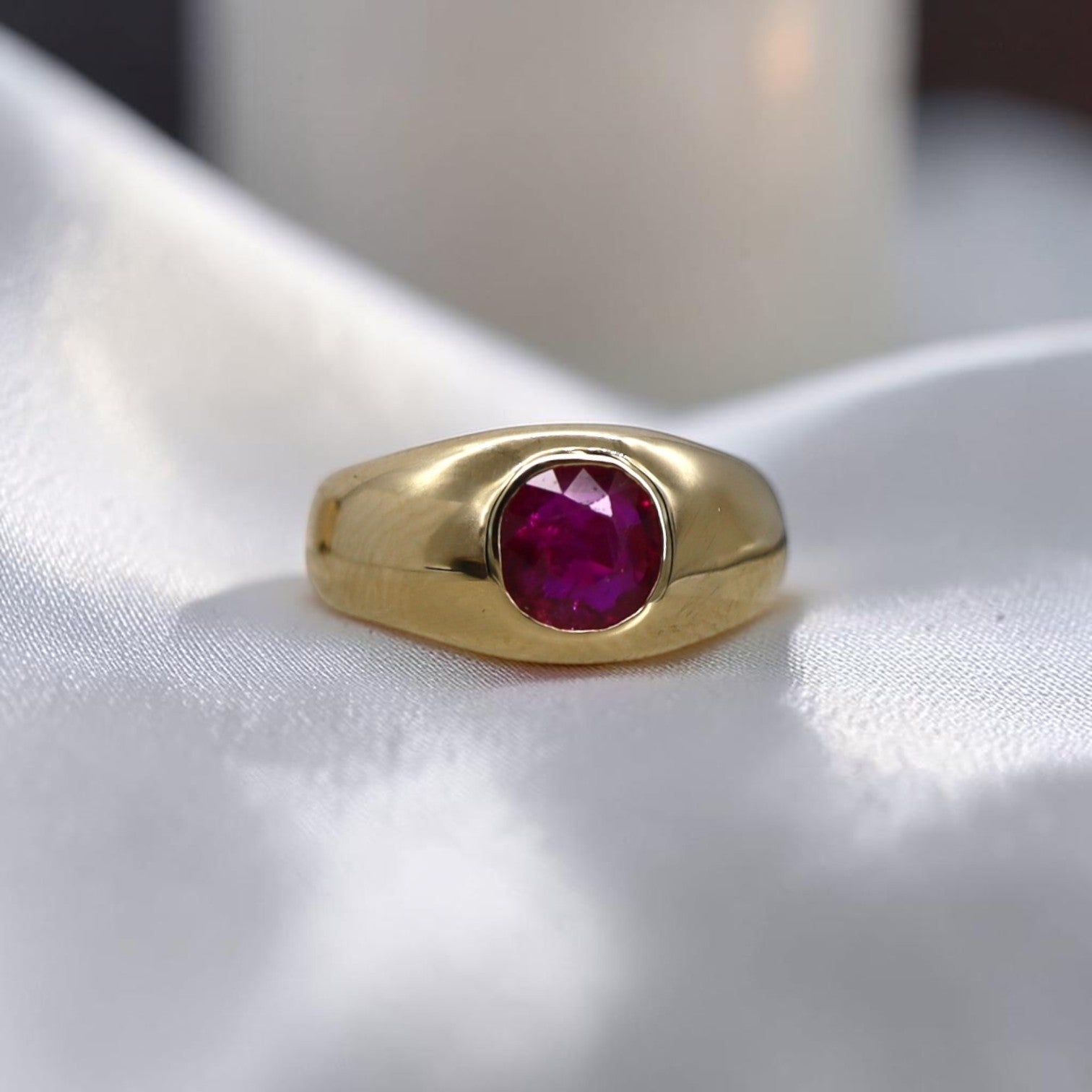 Bespoke 14k Yellow Gold Gypsy-Set Ruby Ring — Custom Commission - Petra Star